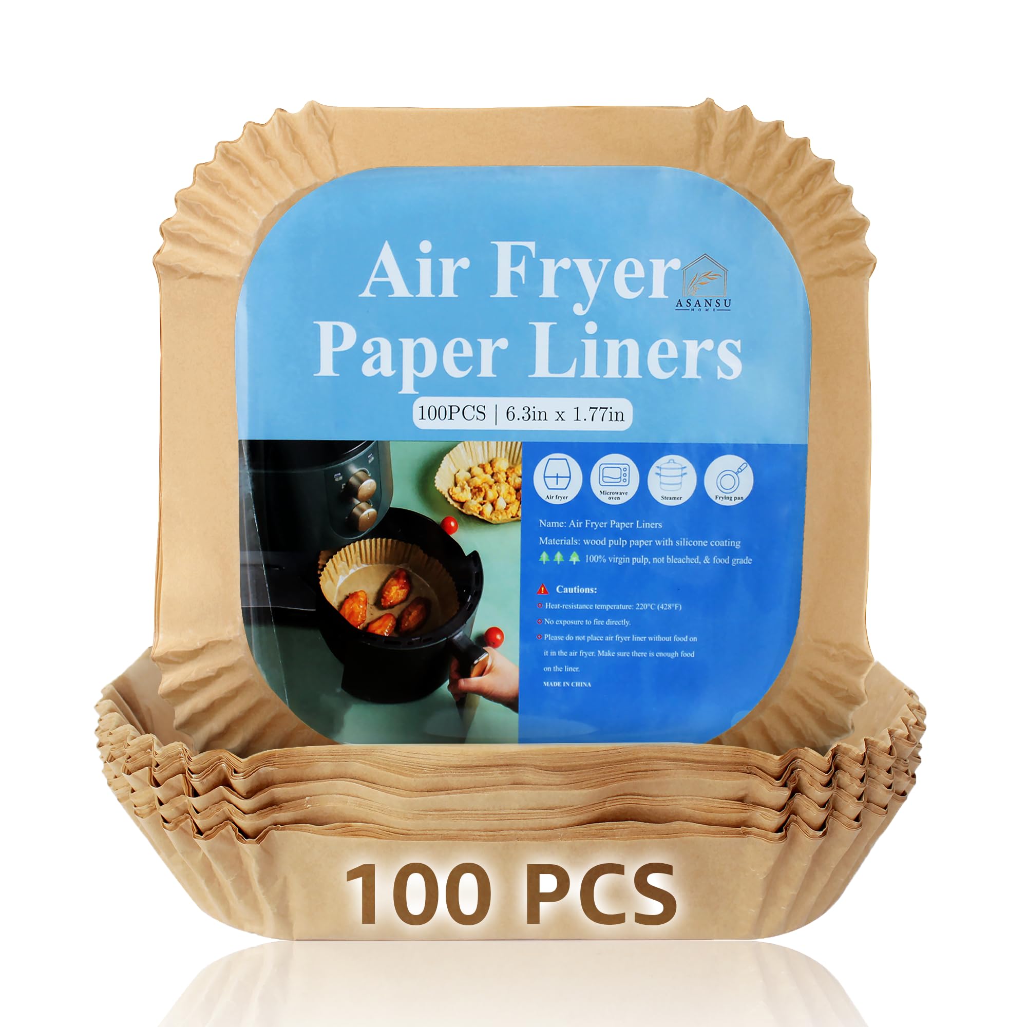 ASANSU HOME Air Fryer Liners 16cm (100 Pack), Square Non-Stick Unbleached Parchment Paper Inserts for Air Fryer Basket, Grease & Moisture Resistant, Disposable for Baking & Roasting