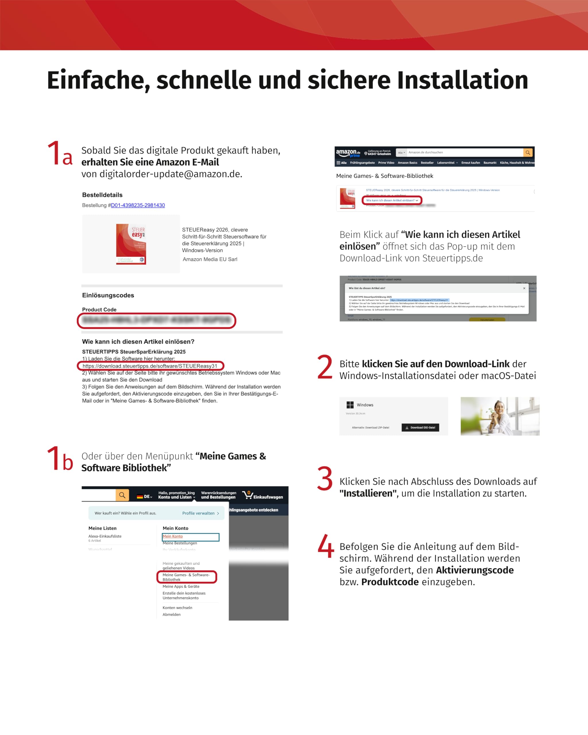 STEUEReasy 2026, clevere Schritt-für-Schritt Steuersoftware für die Steuererklärung 2025 | Inkl. ELSTER Schnittstelle I Windows-Version I Inkl. 1 Einkommensteuererklärung I Aktivierungscode per Email