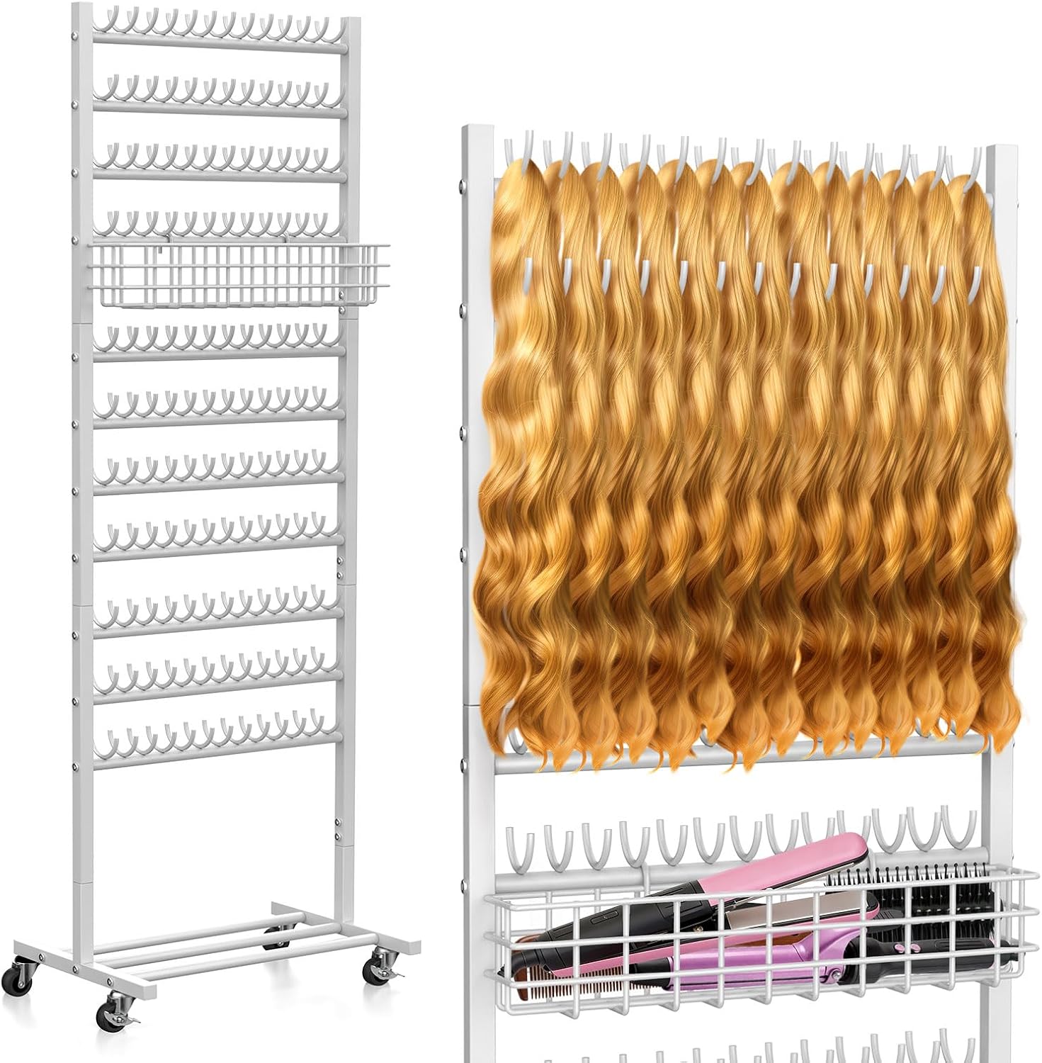 2-Sided Braiding Hair Rack with Wheels, Standing Hair Extension Holder with Salon Tray, Braiding Rack Stand for Hair, 286 Pegs Hair Racks for Braiders Standing, Hair Stand for Braiding Hair (White)