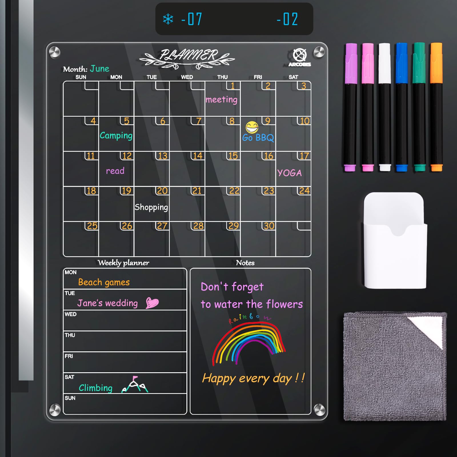 Photo 1 of Magnetic Acrylic Calendar for Fridge, ARCOBIS 12" x 16" Clear Monthly and Weekly Calendar with 6 Markers, 1 Pen Holder, Reusable Dry Erase Menu Board for Kitchen, Meal Planner Fridge Whiteboard Month+week 1pack