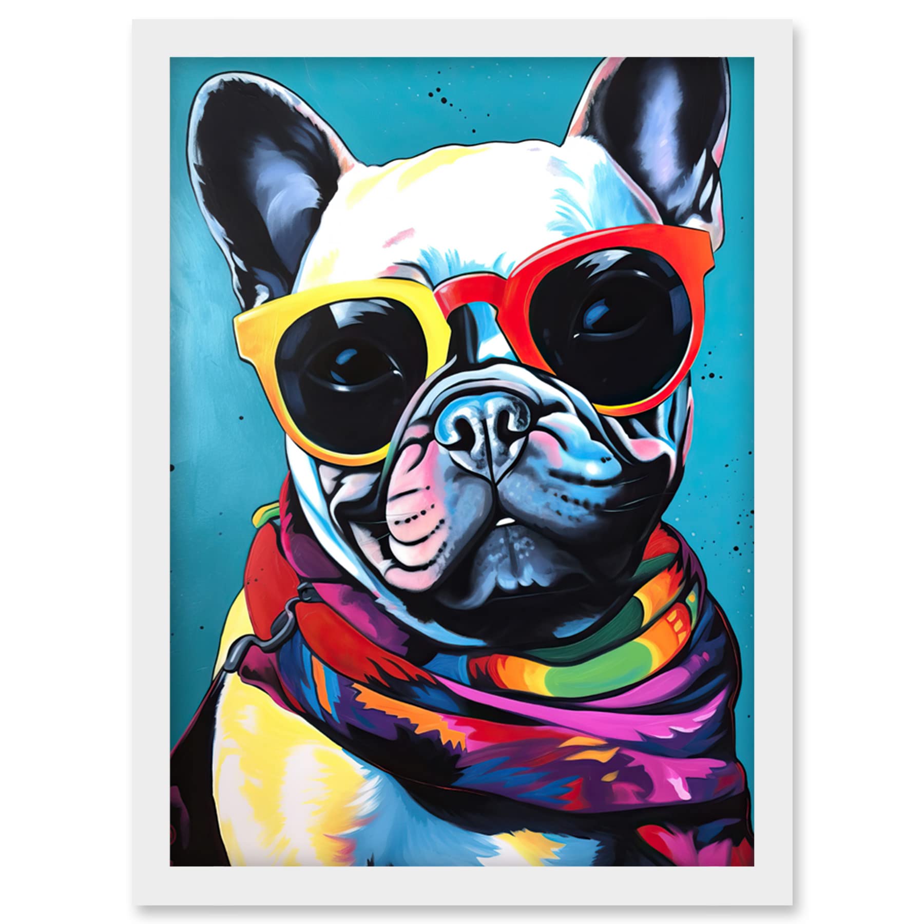 Artery8 French Bulldog in Sunglasses and Bandana Folk Art Artwork Framed Wall Art Print A4