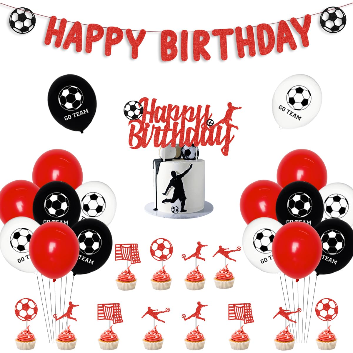 Funmemoir Football Birthday Decorations Red and White - Football Happy Birthday Banner Red, Football Theme Cake Decorations, Soccer Birthday Party Decorations for Boys Football Fans