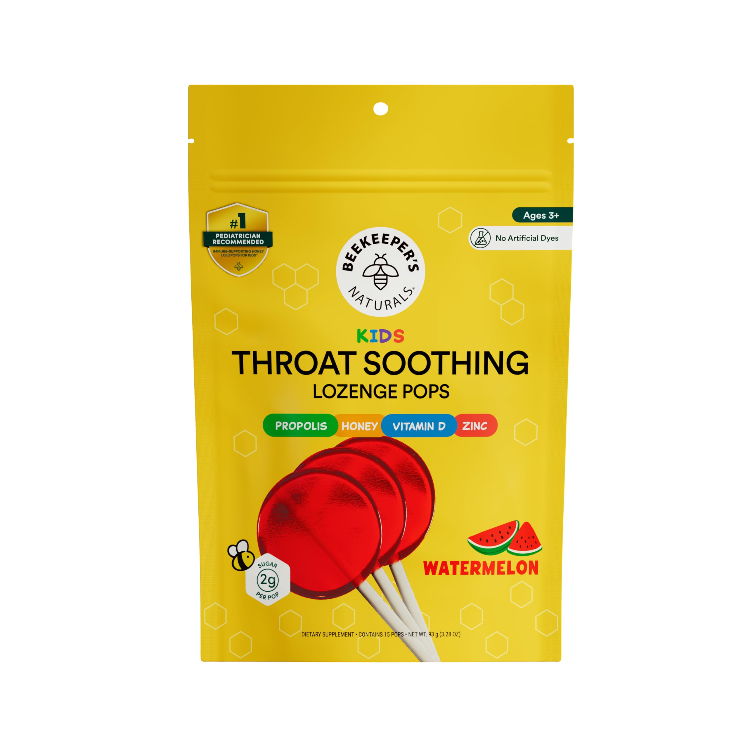 Beekeeper's Naturals Kids Throat Soothing Lollipops, Watermelon, 15 ct