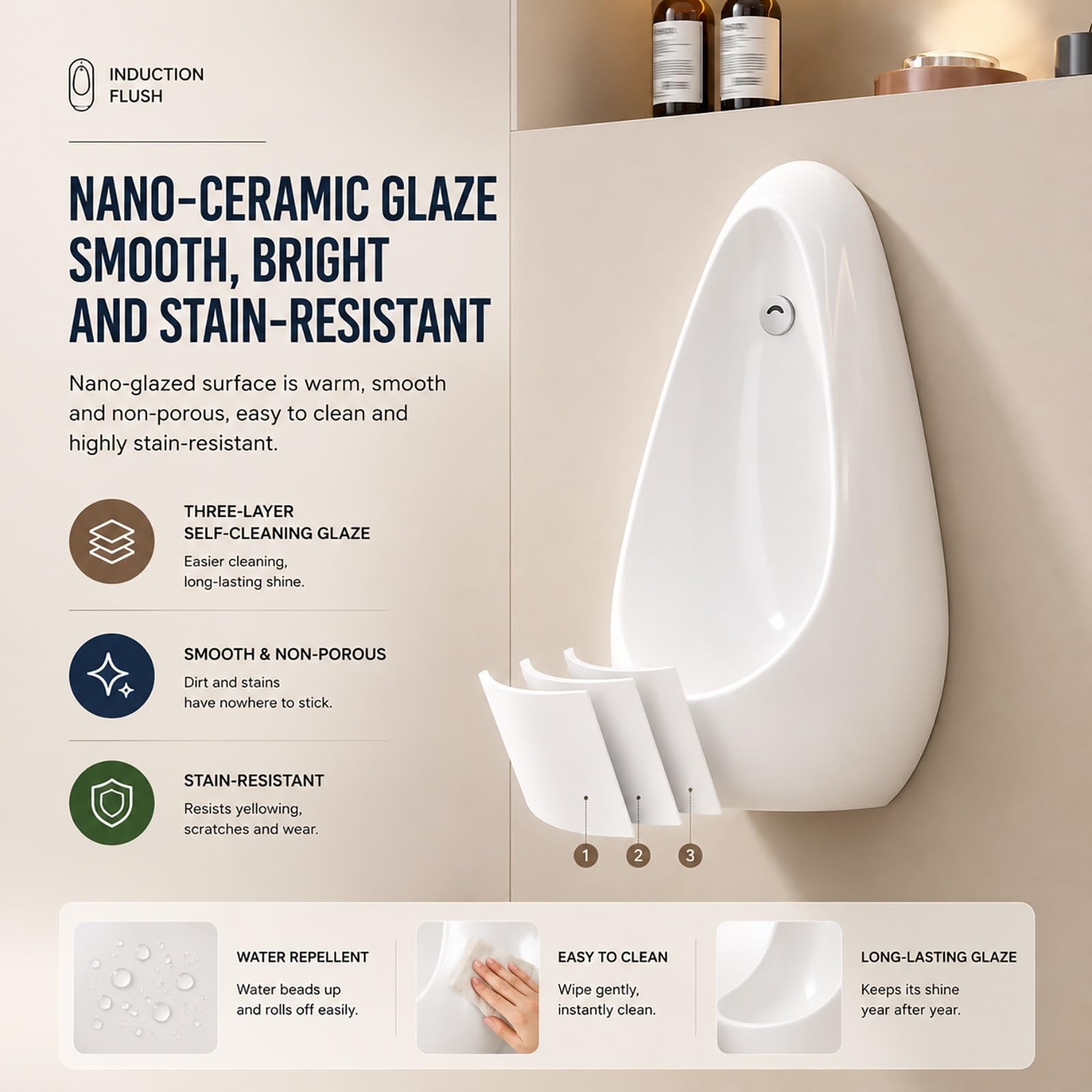 Urinoir mural en céramique pour homme, chasse d'eau automatique avec capteur, luminaire de salle de bain commercial pour hôtel, garage, bar et toilettes publiques