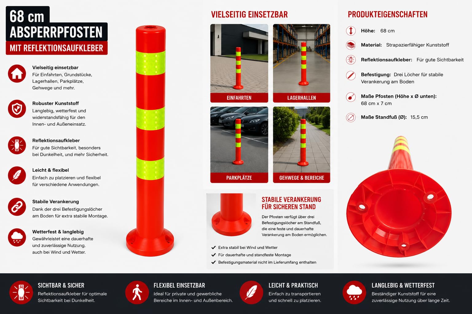 Juego de 6 postes de bloqueo [altura de 68 cm] – Postes de barrera de plástico reflectante | Barrera con base [fijación con tornillos] | Soporte de barrera | postes de parque de color rojo | postes