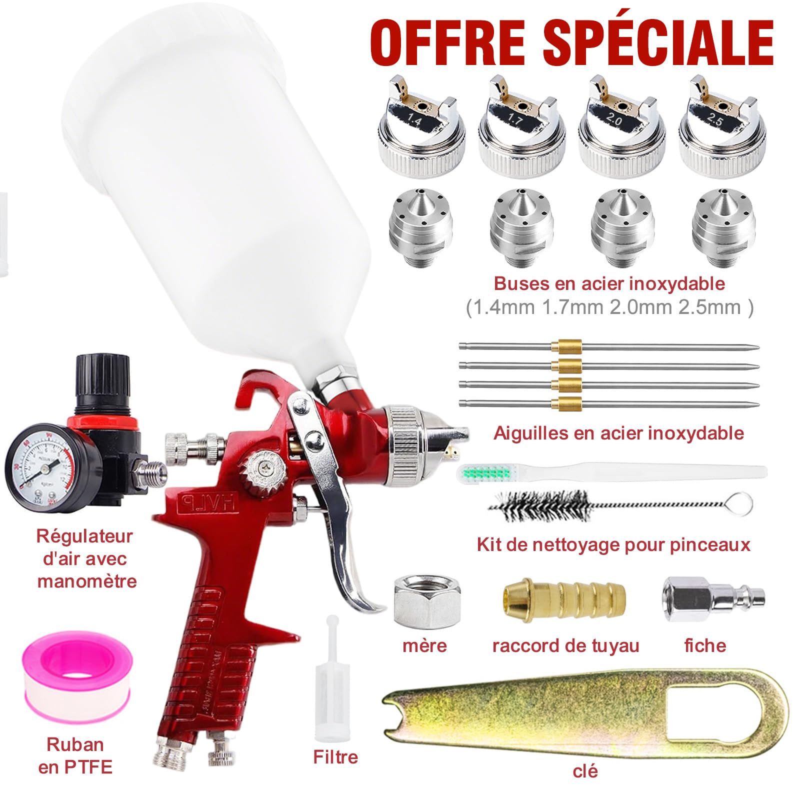 HVLP Professionnel Pistolet à Peinture 4 Buses 1,4 mm 1,7 mm 2,0 mm 2,5 mm | HVLP Pulvérisateurs de Peinture Alimentation par Gravité, haute efficacité 600cc Pistolet Peinture Air Comprimé