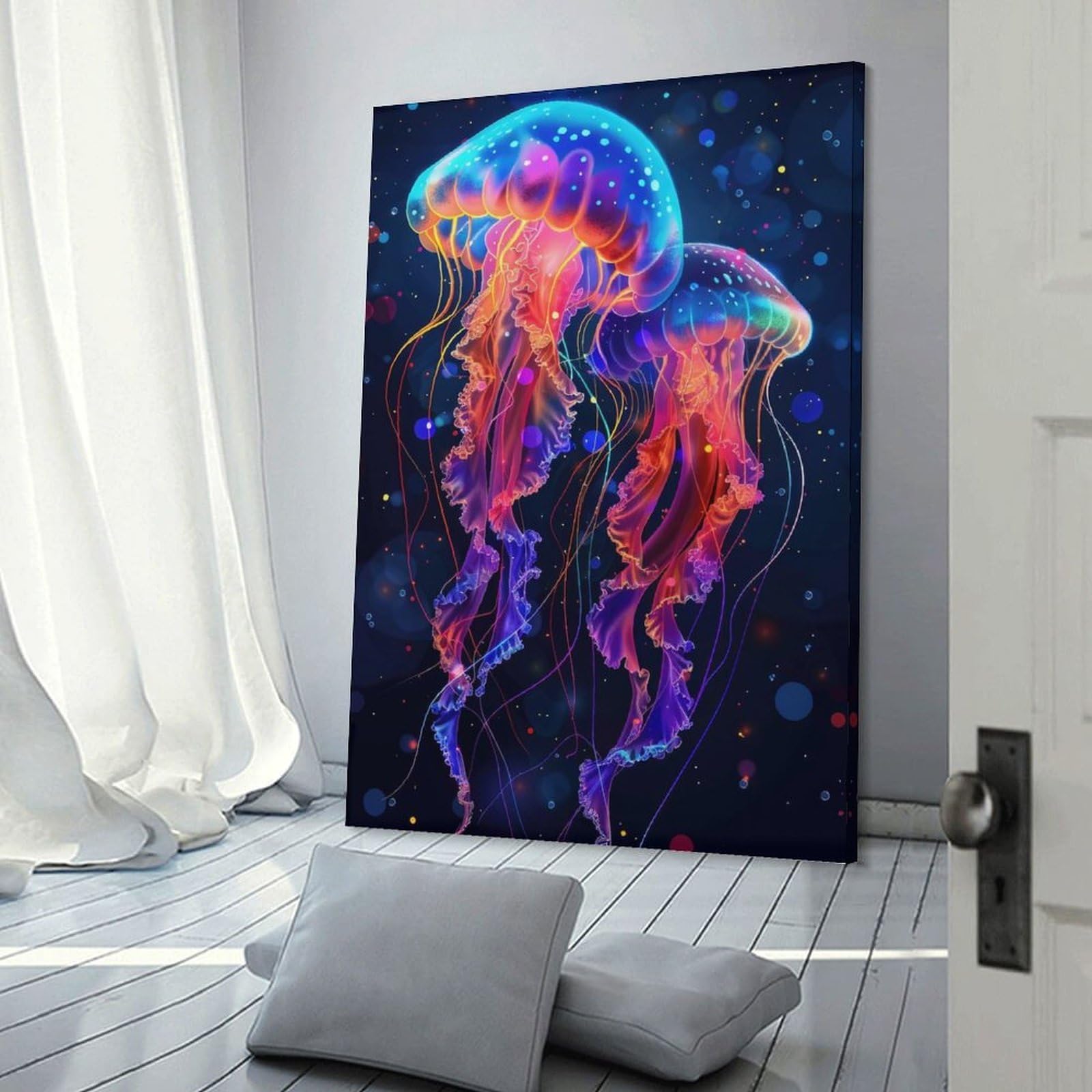 Junmoney Neon Jellyfishes Wall Decor Canvas Print 16x24inch(40x60cm), for Lounge, Study, Hallway Or Flat Walls, Decorative Artwork with Broad Appeal