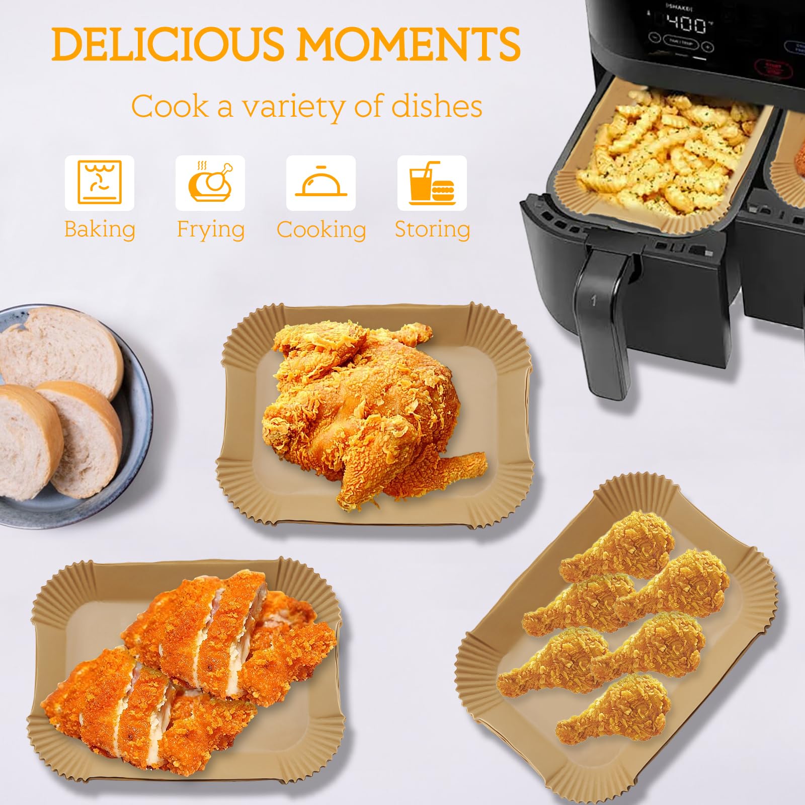 150 Feuilles Papier Cuisson Air Fryer 20,5x14cm - Doublures Perforées Antiadhésives