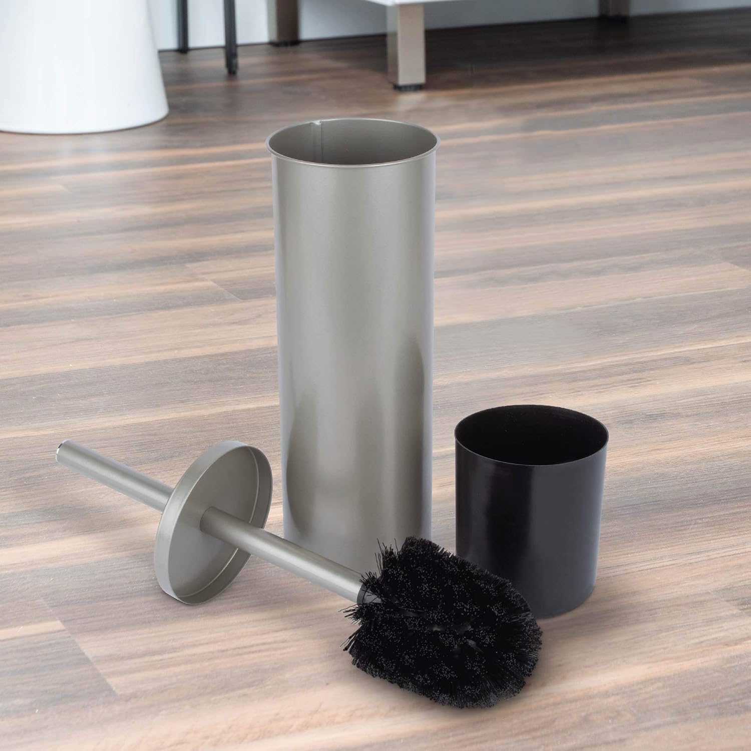 JS Jackson Supplies Sleek Toilet Brush and Holder with Metal Handle - Brushed Nickel