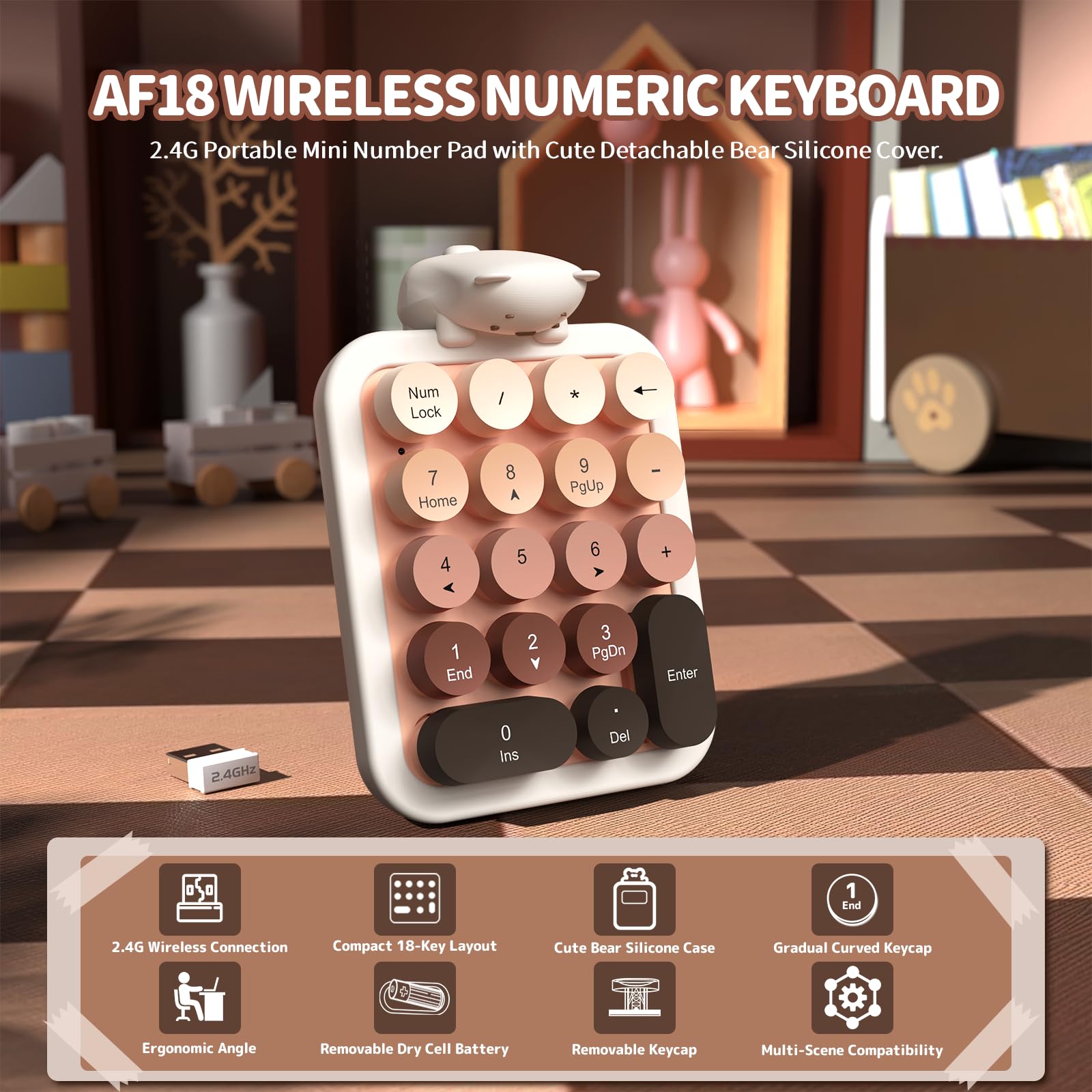 A.JAZZ AF18 Tastiera numerica wireless,mini tastierino numerico portatile 2.4G,layout compatto a 18 tasti con graziosa cover in silicone staccabile a forma di orsetto,per laptop/PC-Marrone sfumato
