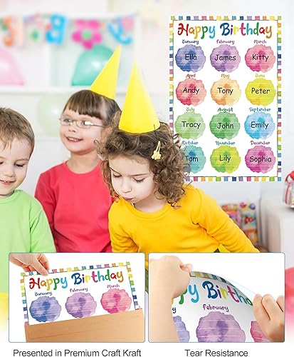 Miniatura 4 de PETCEE Póster de cumpleaños de acuarela para aula, 16.5 x 11.2 pulgadas, calendario de feliz cumpleaños, póster para decoración de tablón de