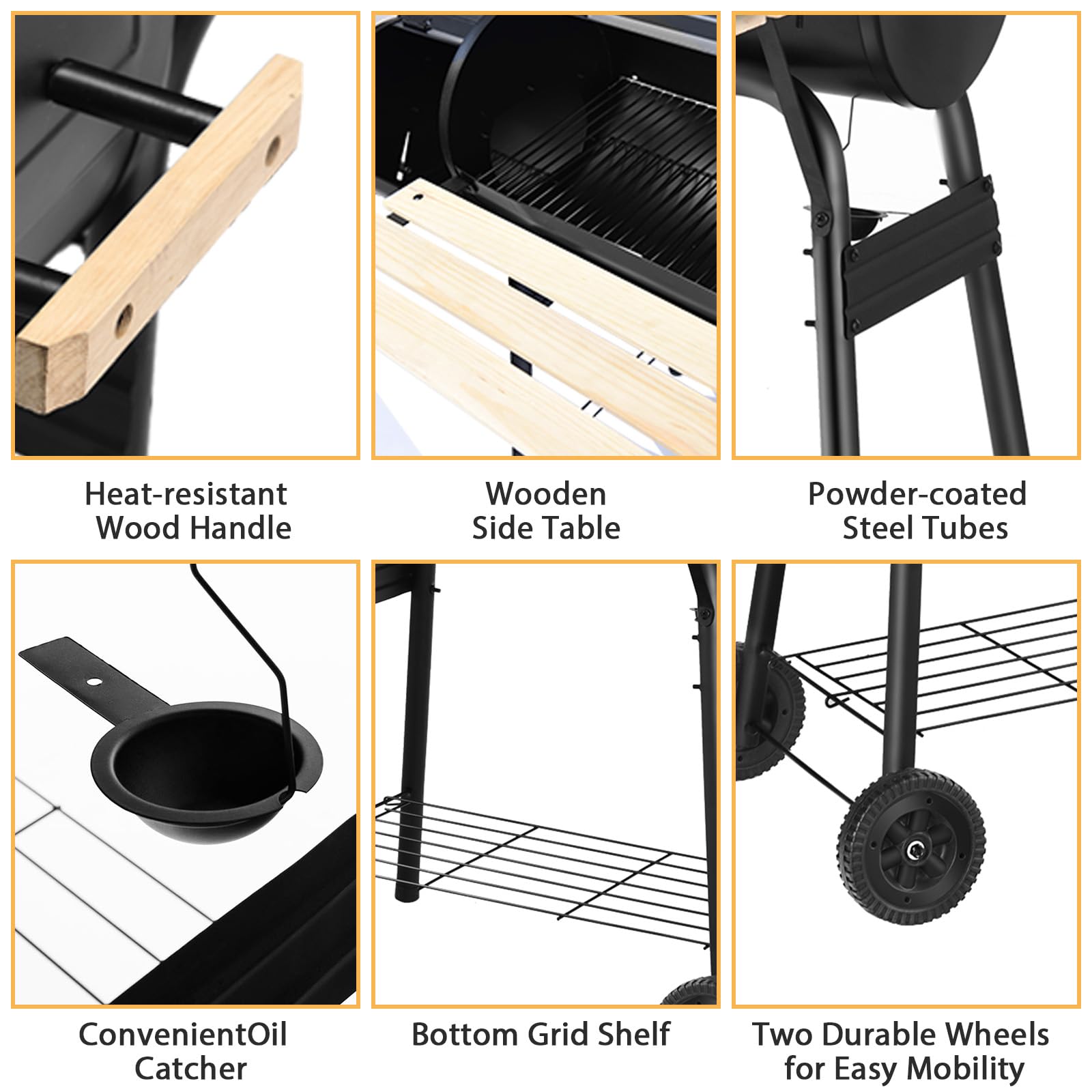 KOMFOTTEUBarbecue a carbone con termometro e ruote, griglia in acciaio con camino, affumicante per esterni, con tavolo laterale e ripiano inferiore, 115 x 65 x 108 cm