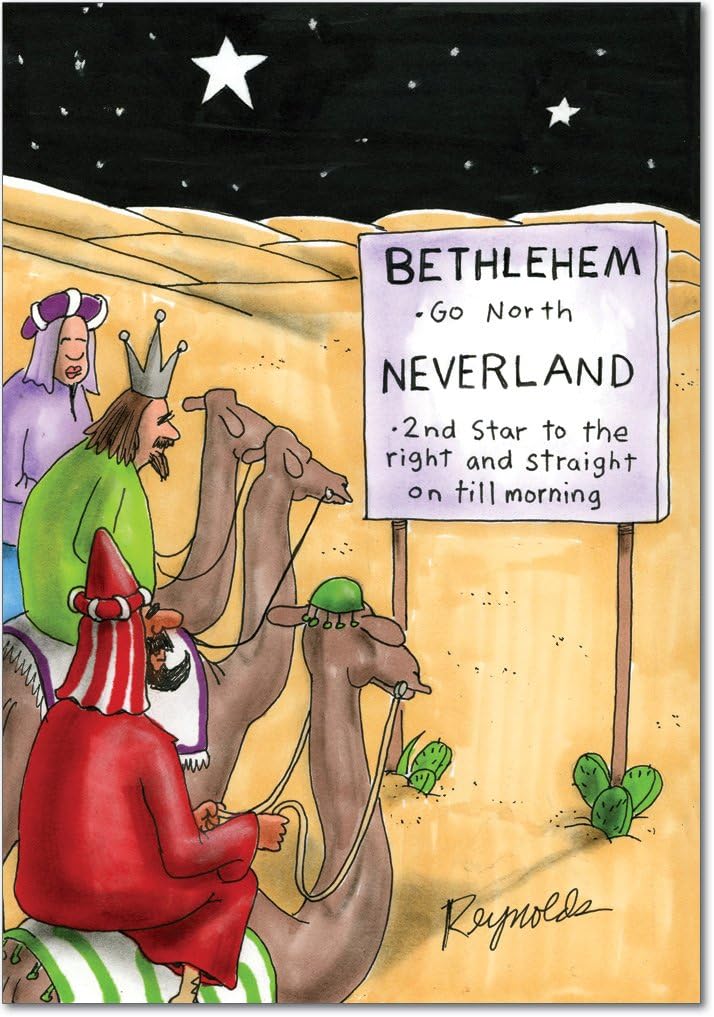 12 ‘Neverland Three Wise Men Boxed Christmas’ Greeting Cards with Envelopes (4.75 x 6.625 Inch), Merry Xmas Note Cards with Funny Nativity Comic, Stationery for Gifts, Stockings, Well Wishes B1277