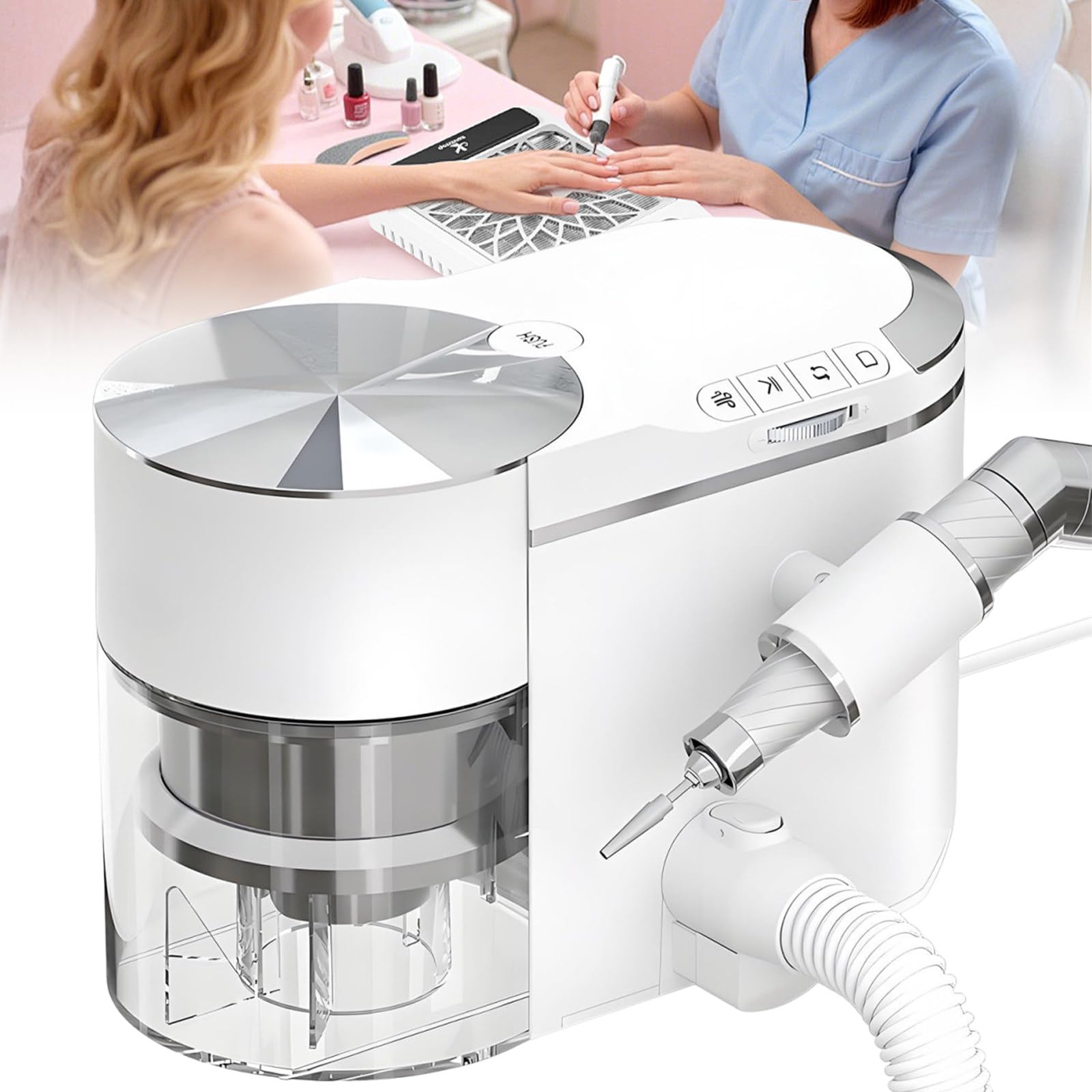 Sunseota Professional Nail Drill and Dust Collector 2-in-1, Electric Nail File Polisher with Vacuum Suction, 30000 RPM Brushless Motor, ≤68dB Ultra Quiet, Adjustable Suction & Angle White
