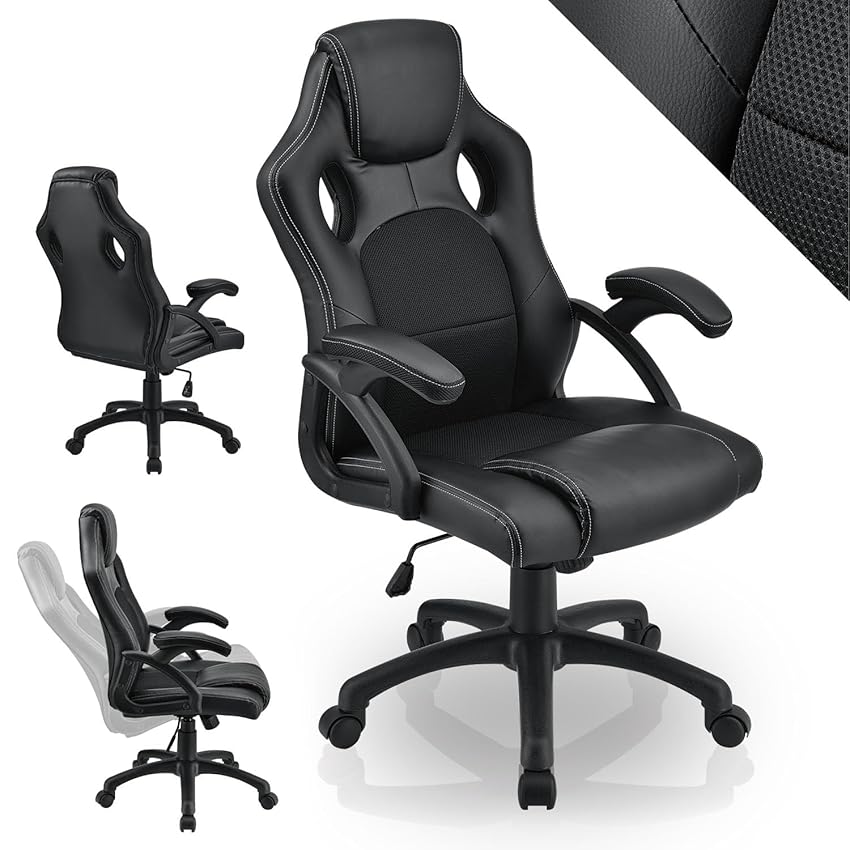 Juskys Sedia racing da scrivania Montreal ergonomica regolabile in altezza e imbottita portata 120 kg Sedia da ufficio girevole Sedia da gaming per PC - nero