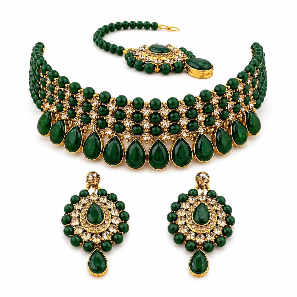 daily dish Beaded Bridal Jewellery Set for Women | Gold Plated Choker Necklace with Earrings & Maang Tikka | Traditional Kundan Style Wedding & Festive Jewelry Set-picture-51