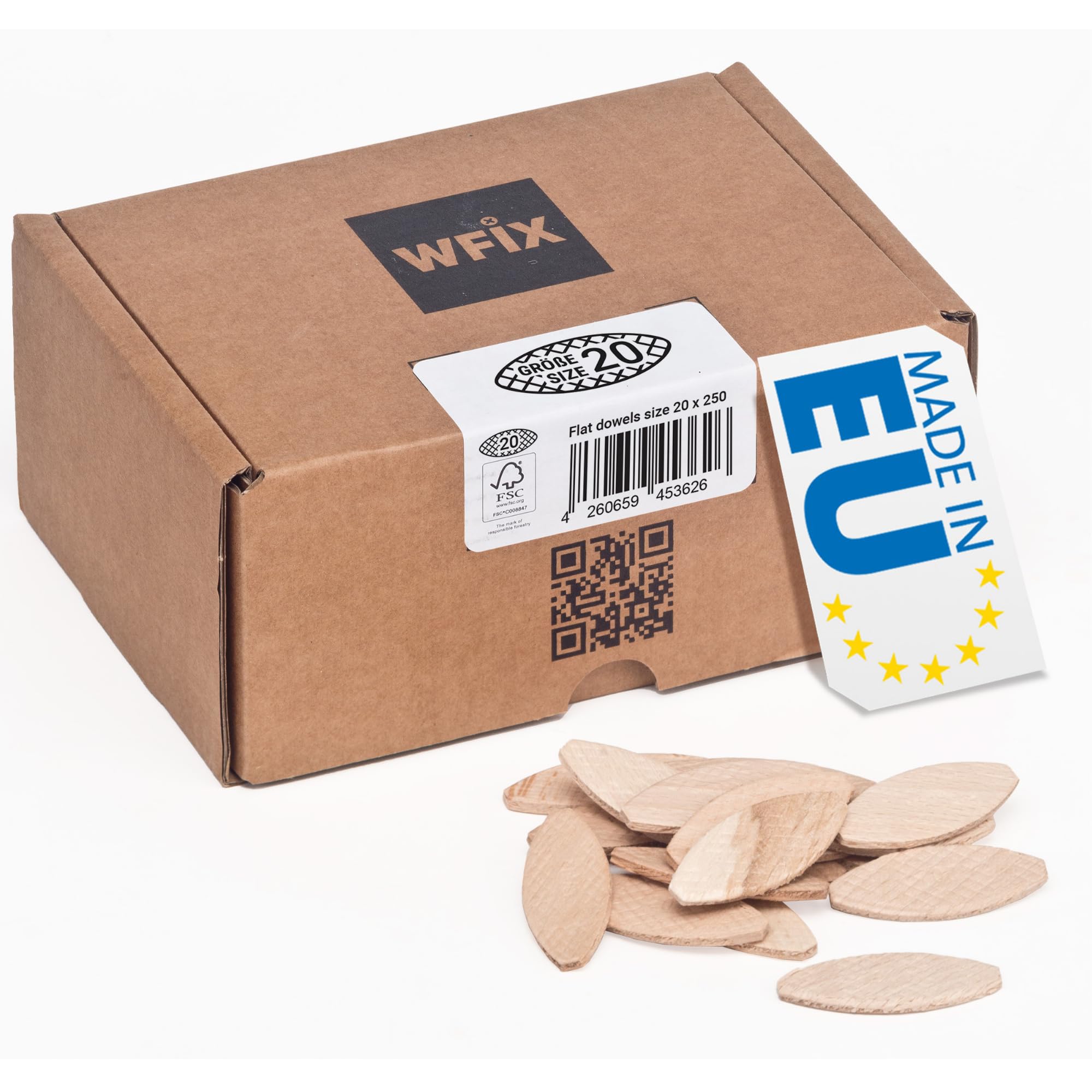 Flachdübel von WFix Größe 20 | 250 Stück Dübel aus massiver Buche im robusten Karton | Kompatibel mit der Dübelfräse & Lamellofräse | Holzdübel wie Lamello
