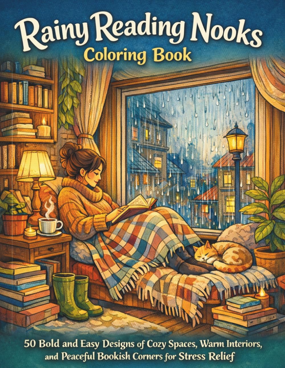 Rainy Reading Nooks Coloring Book: 50 Bold and Easy Designs of Cozy Spaces, Warm Interiors, and Peaceful Bookish Corners for Stress Relief