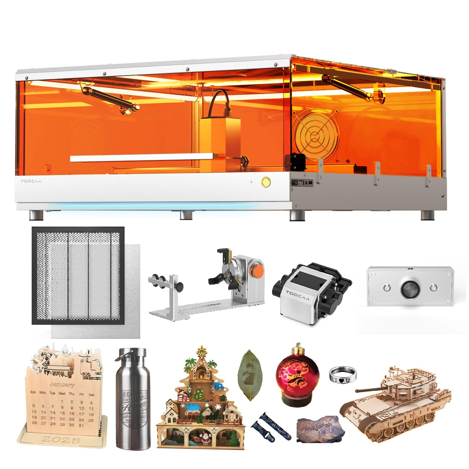 TOOCAA 20w Laser Engraver with Air Assist Honeycomb Bed, Safe Laser Engraving Cutting Machine Expert with 99% Laser Blocking, Status Atmosphere Light,USB Safety Interlock