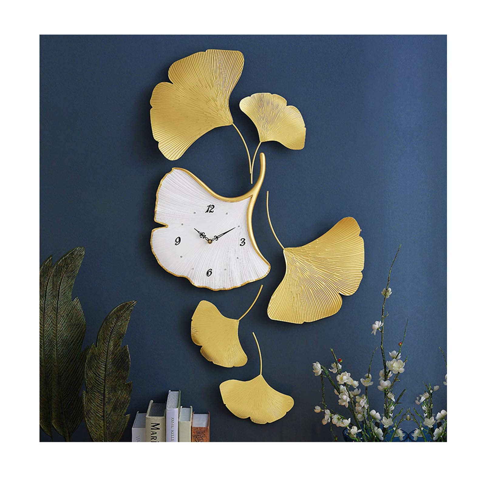 Yxx max -Wall Clock Clock Wall Clock Silent Battery Operated Bedroom Kitchen Living Room Decor Large Ginkgo Golden Leaves Decoration Household Clocks