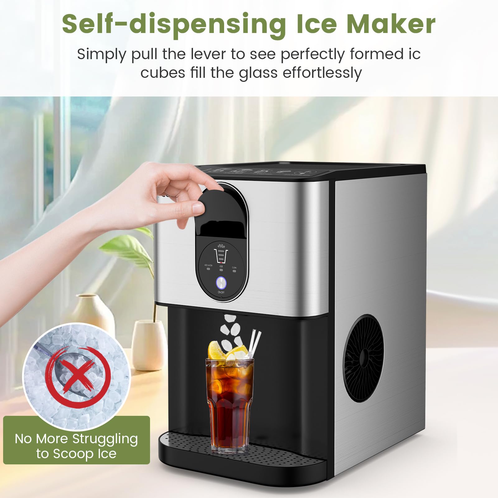 COSTWAY Self Dispensing Nugget Ice Maker Countertop, 56 Lbs/24h Soft Chewable Ice, Pebble Ice Maker With Self-Cleaning, One-Button Operation, Portable Stainless Steel Ice Maker For Home Office Party on Fridge.com - View 2