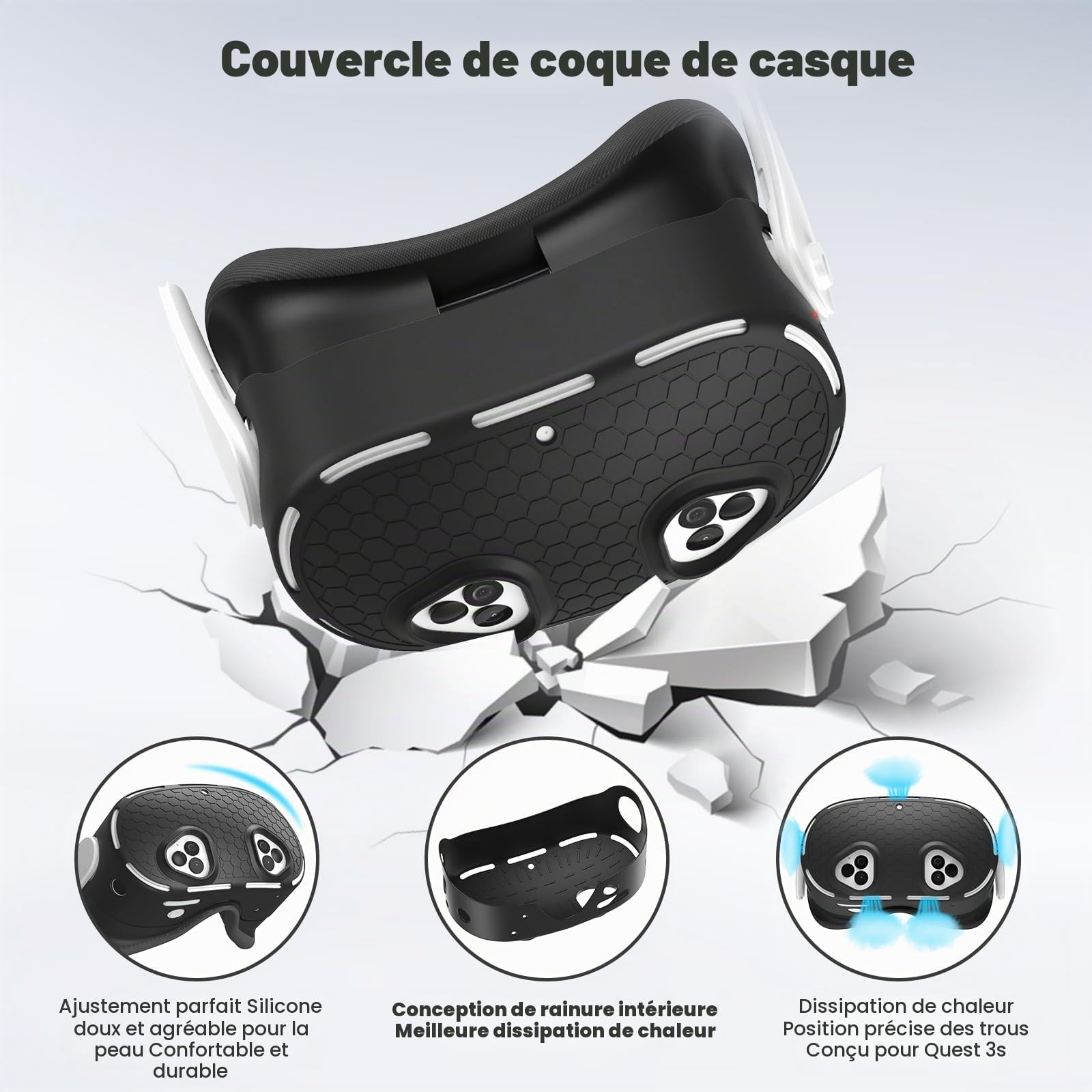 Ensemble de coques en silicone pour MetaQuest 3S, avec visage, poignée de manette (avec couvercle de batterie ouvert), coque de réalité virtuelle, accessoires de réalité virtuelle, ensemble de