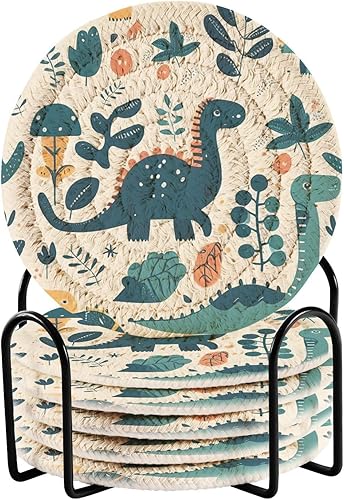Coasters with Holder Set of 6 Coasters for Desk Coasters Posavasos para Mesa Dinosaurs Plants