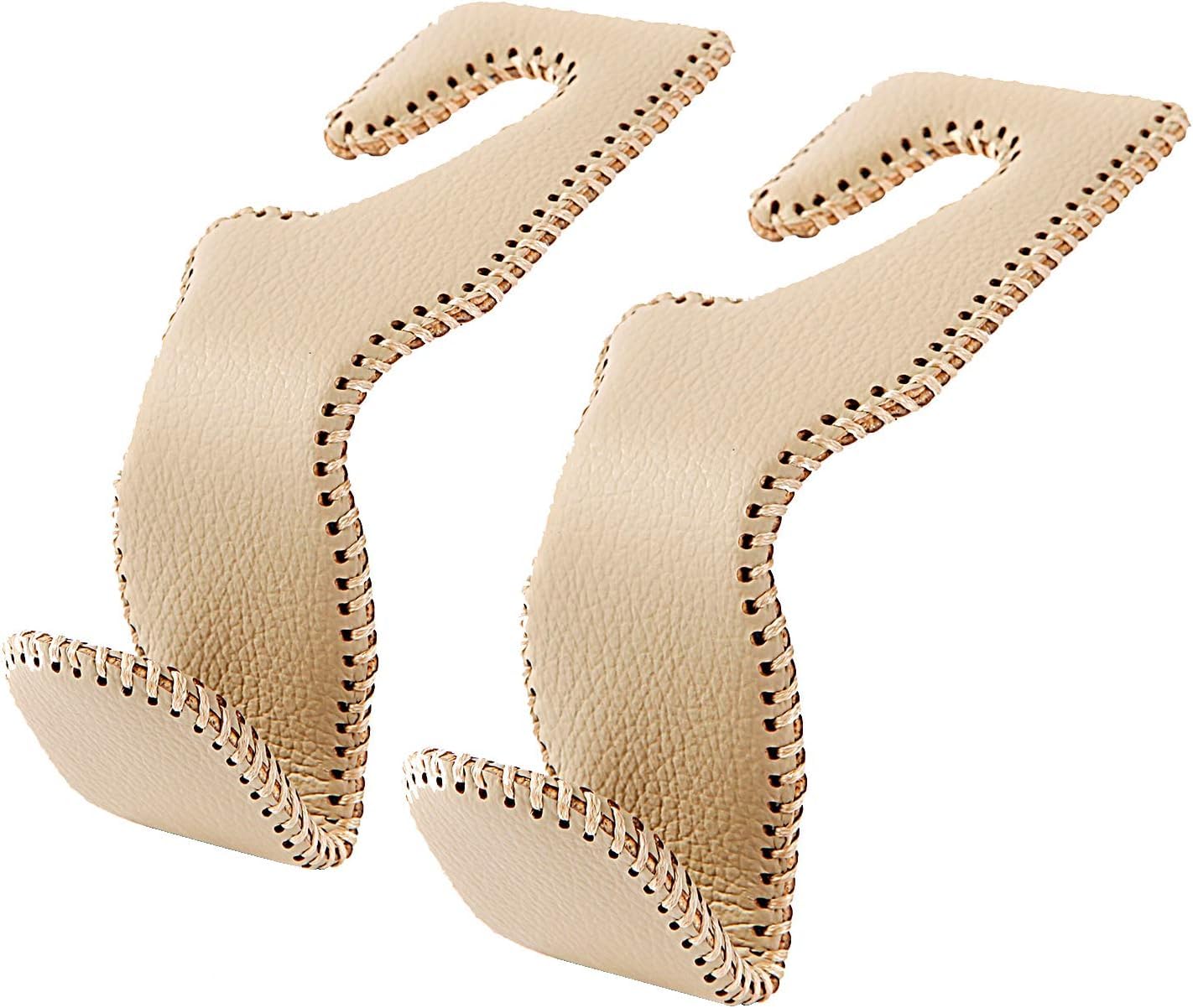 AMVOYOA Headrest Hooks for Purses and Bags, Car Back Seat Headrest Hanger Vehicle Beige Leather Storage Hook, Pack of 2