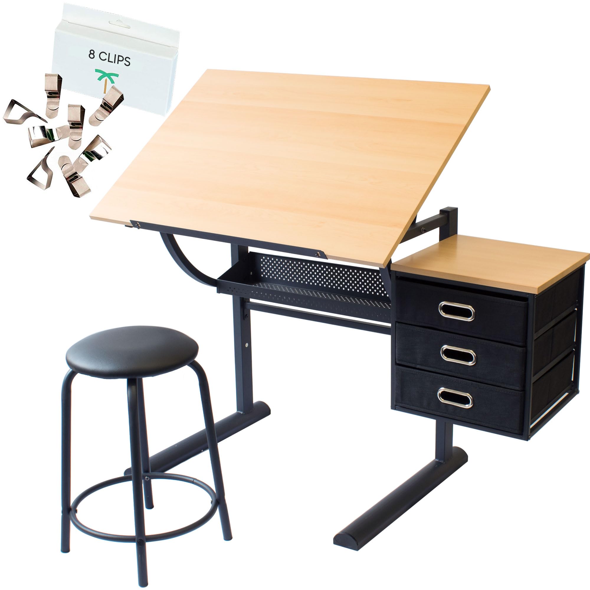 STATIONERY ISLAND Caye Table à Dessin pour l'art et l'Artisanat – Bureau à Dessin Inclinable avec Rangement, Tabouret et Pinces
