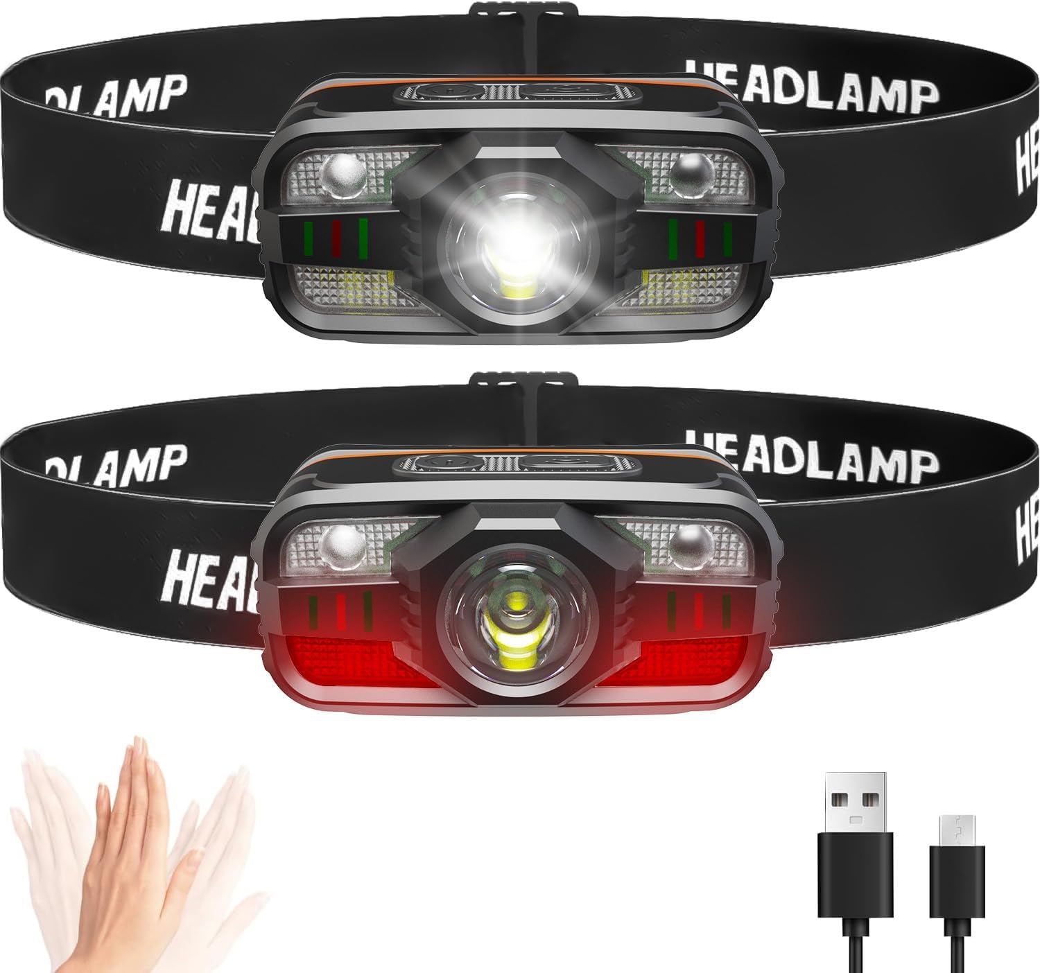 Headlamp Rechargeable, 2000 Lumen Ultra-Light LED Headlight with White & Red Light, Motion Sensor, 11 Modes, Waterproof, Adjustable Headband for Outdoor Camping, Hiking, Fishing (2-Pack)
