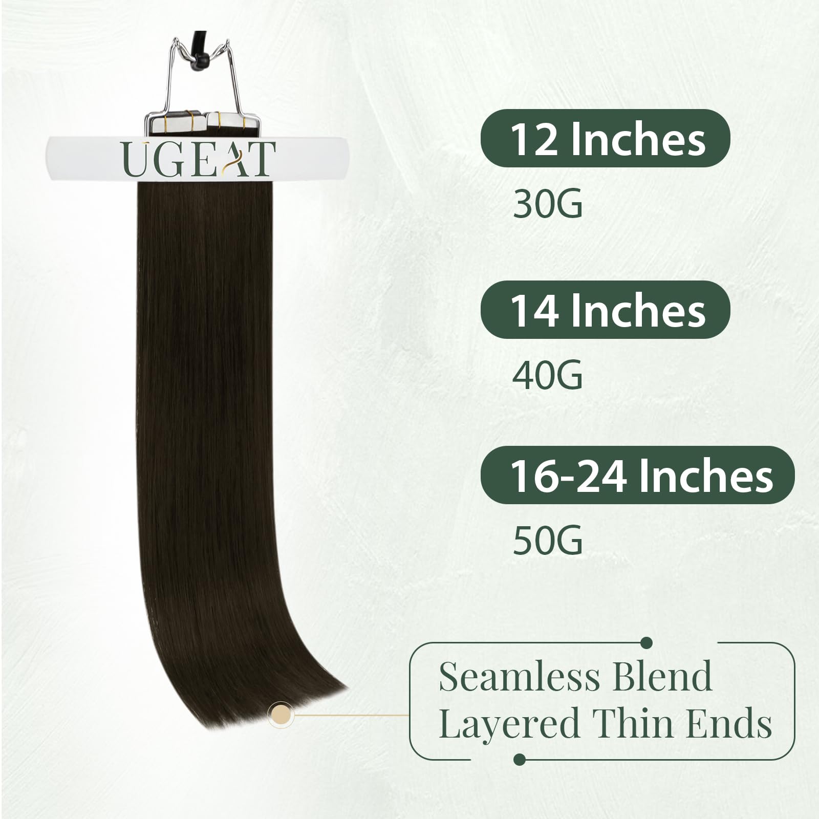 Ugeat Przedłużanie Włosów Taśma, Włosy Ludzkie, Czekoladowy Brąz, 60 cm 20 sztuk 50g, Przedłużanie Włosów Tape in, Ciemny Brąz, Remy Naturalne Proste