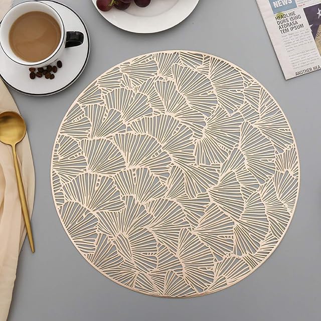 Hosoncovy 4 Pack Ginkgo Biloba Decorative Placemats Round Placemat PVC Placemats Hollow Table Place Mats Heat Resistant Non-slip Dining Placemats Leaf Placemat for Home Kitchen (Gold)