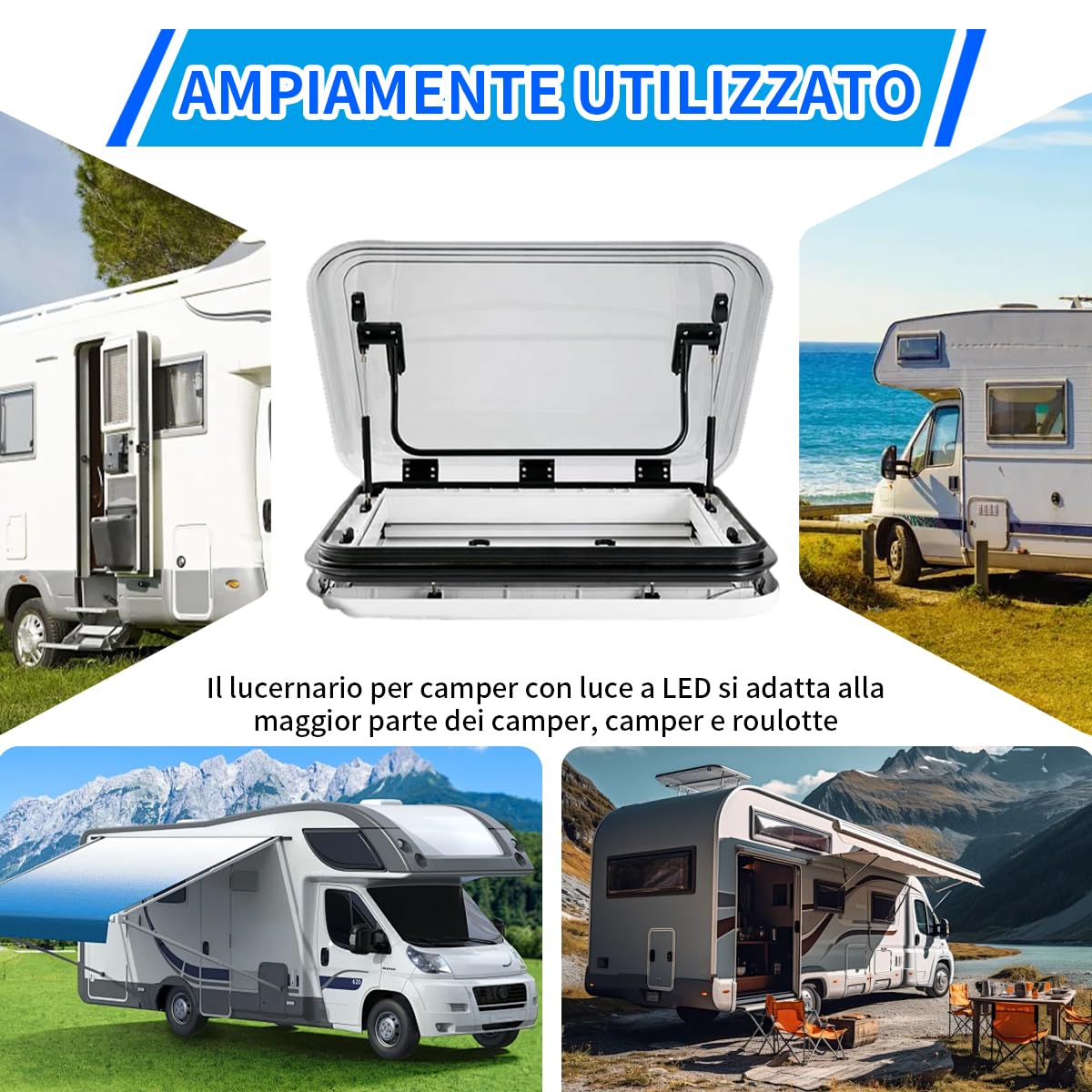 Oblò Tetto Camper Apribile, Lucernario 800x500mm con Luce LED, Ventilazione, Zanzariera e Tendina, Lega Alluminio per Roulotte e Food Truck