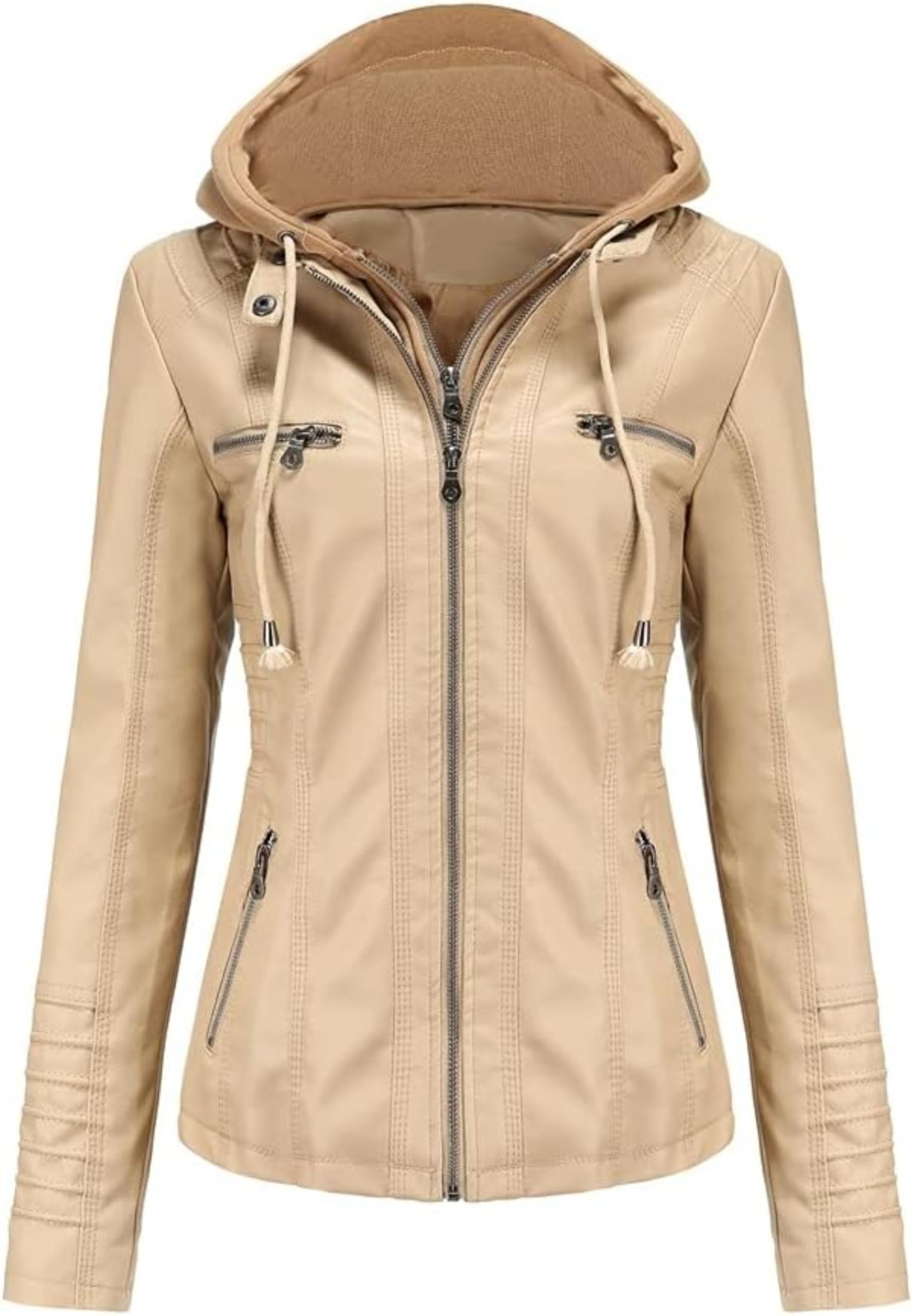 Chaqueta casual de piel sintética con capucha desmontable para mujer