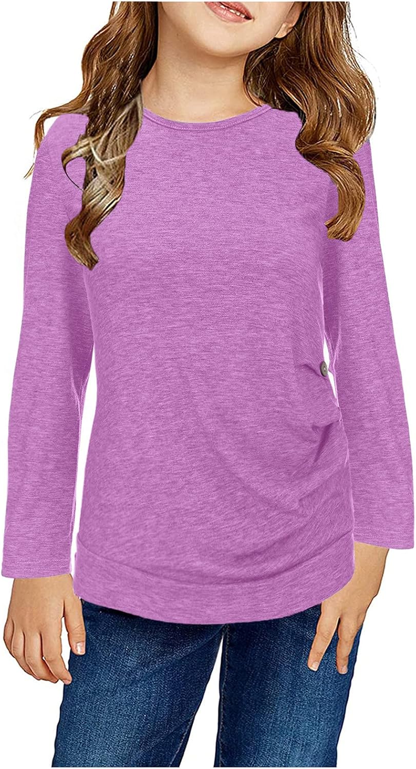 Girls Fall Long Sleeve Tops Plain Soft Pleated Crewneck Shirts Blouse Teen Kids Fall Casual Comfy Buttons Pullover