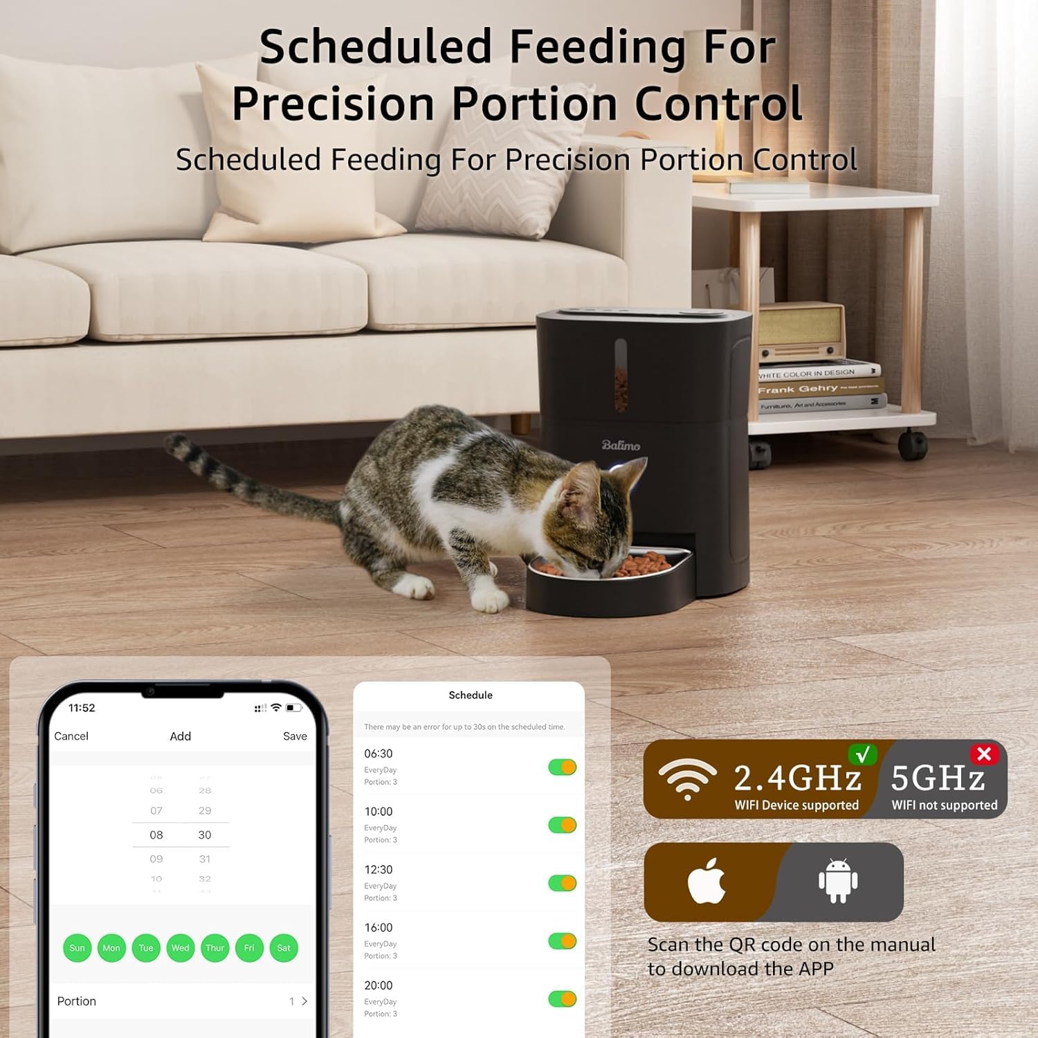 Balimo Comedero Gato Automatico, 2.4G WiFi Dispensador Comida Gatos, 3L Comedero Automatico Gato, Bol de Acero Inoxidable 304, 1 a 10 Comidas, Negro