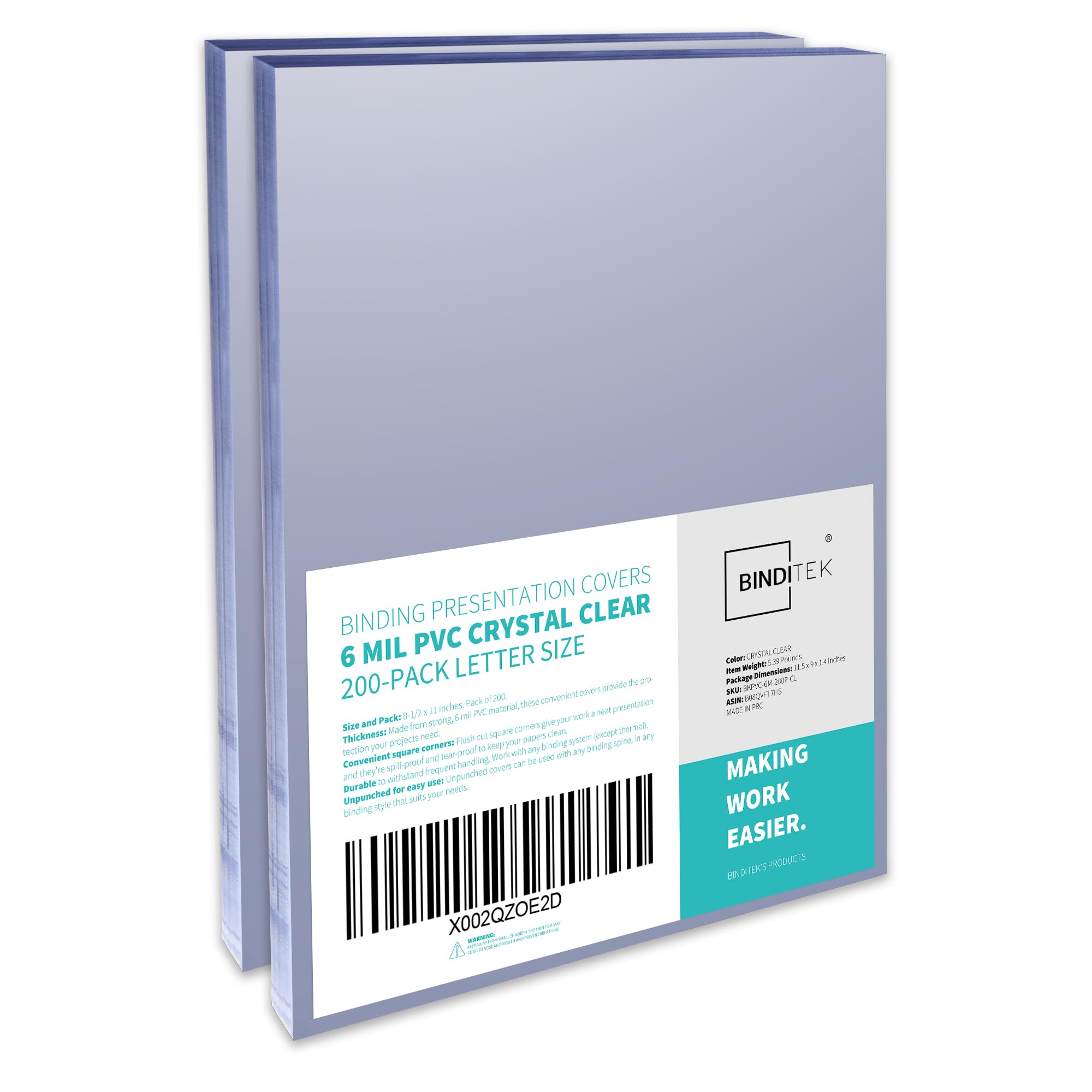 Binditek 6 Mil PVC Binding Covers, 8.5 x 11 Inches, Clear, 200 Pack