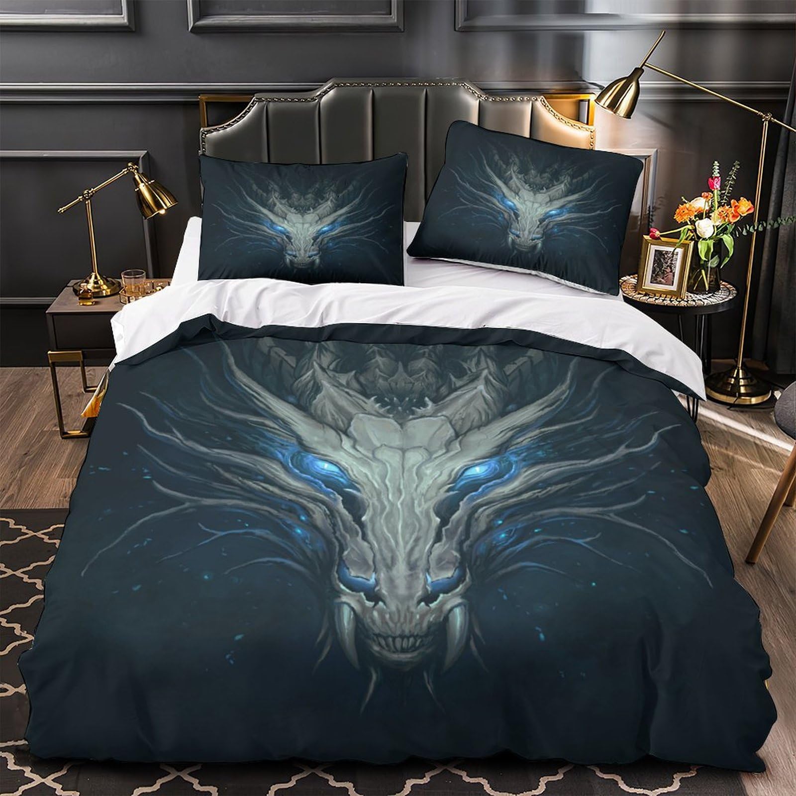 MMDASBVPE Dragon Head Comforter Cover 3D Print Hypoallergenic 3PCs Bed Linen Hidden Zipper fantasy Quilt Cover Extra Soft Durable for Teens Youth Adults Women Kids Boys Single（140x200cm）