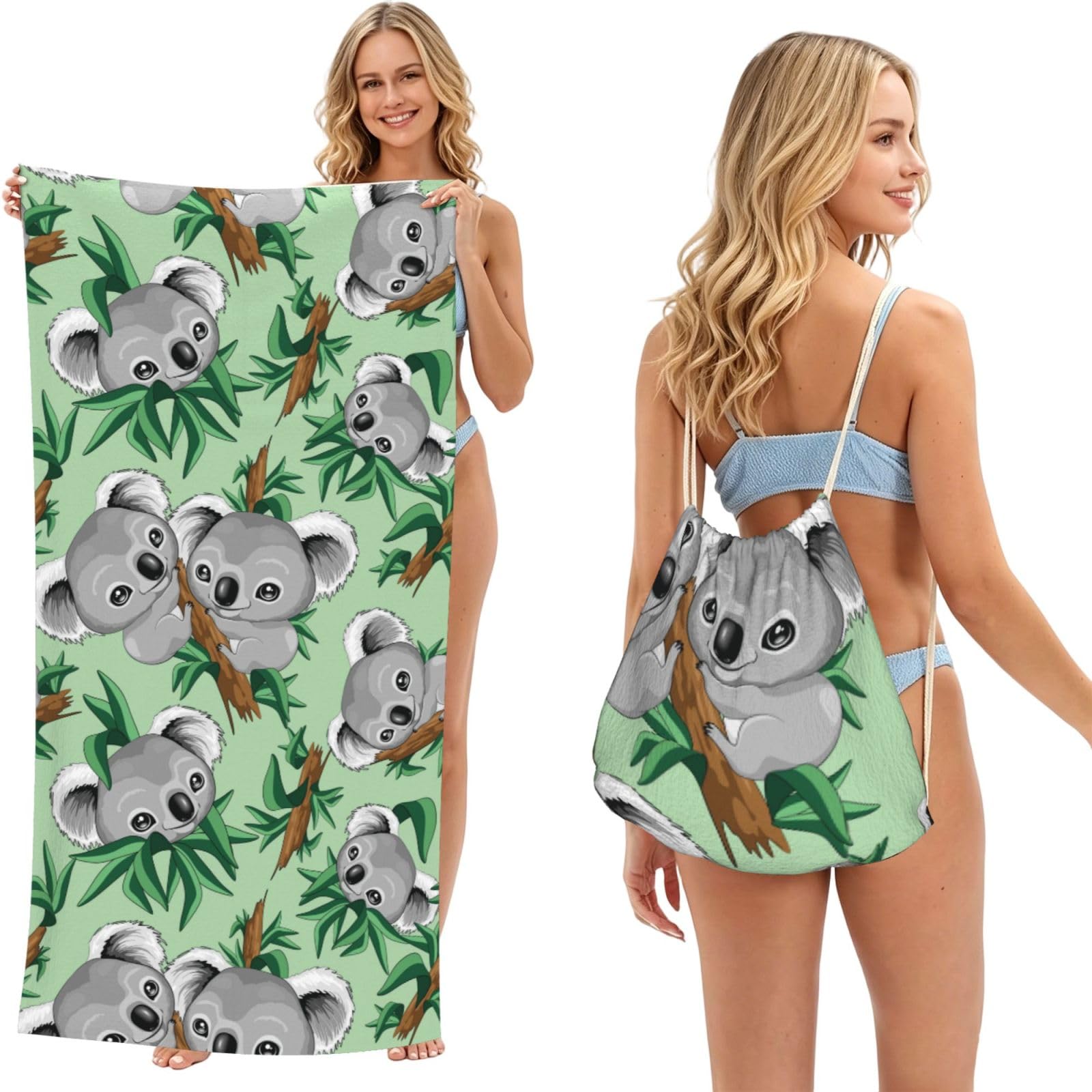 Poadnly As Picture Cute Koala, 2 In 1 Packable Towel Bag, Beach Towels With Drawstring Backpack For Travel Holiday Camping