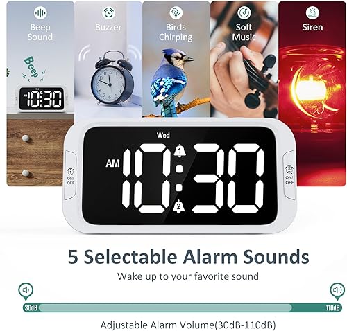 Miniatura 4 de Reloj despertador digital dual para dormitorio, fácil de configurar, 0-100% atenuador, cargador USB, 5 sonidos de volumen ajustable, modo día de