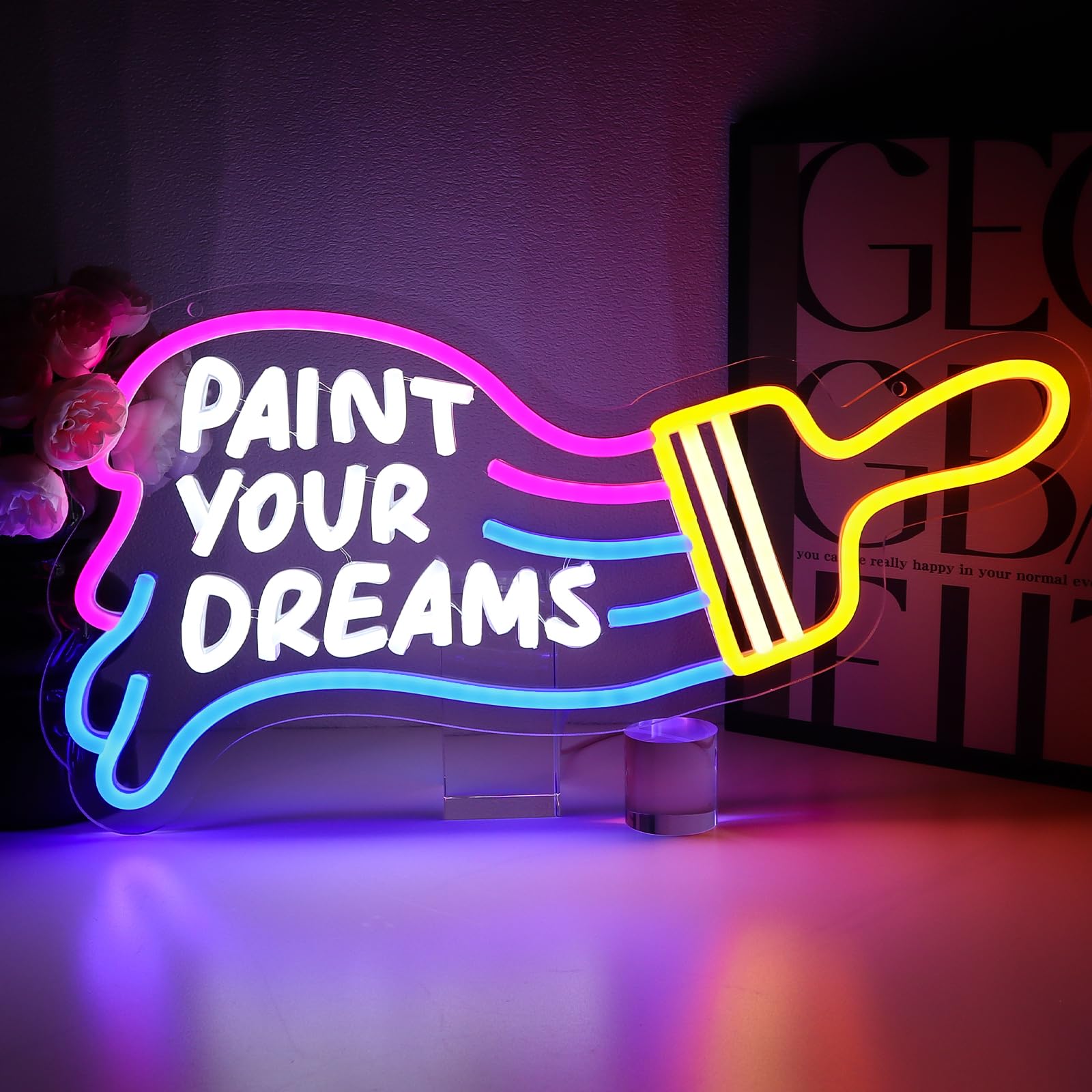 PMCVYH Paint Your Dreams Neon Sign for Wall Decor, Drawing Led Sign for Art Studio, USB Dimmable Paint Brush Neon Light for Art Classroom Paint Party