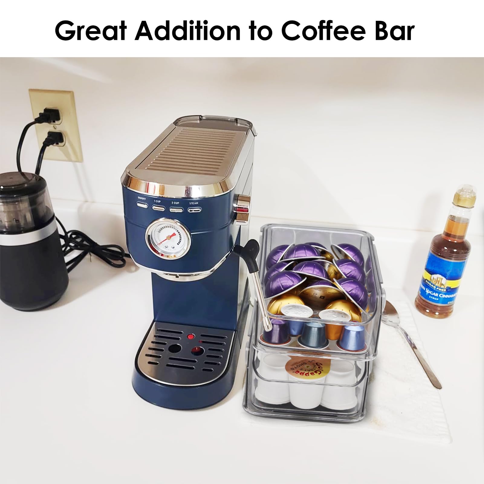 Porta cialde da caffè trasparente per bancone, cassetto trasparente per cialde K, organizer per cialde di caffè, compatibile con Nespresso Vertuo 76 grandi o 104 piccole cialde e cialde