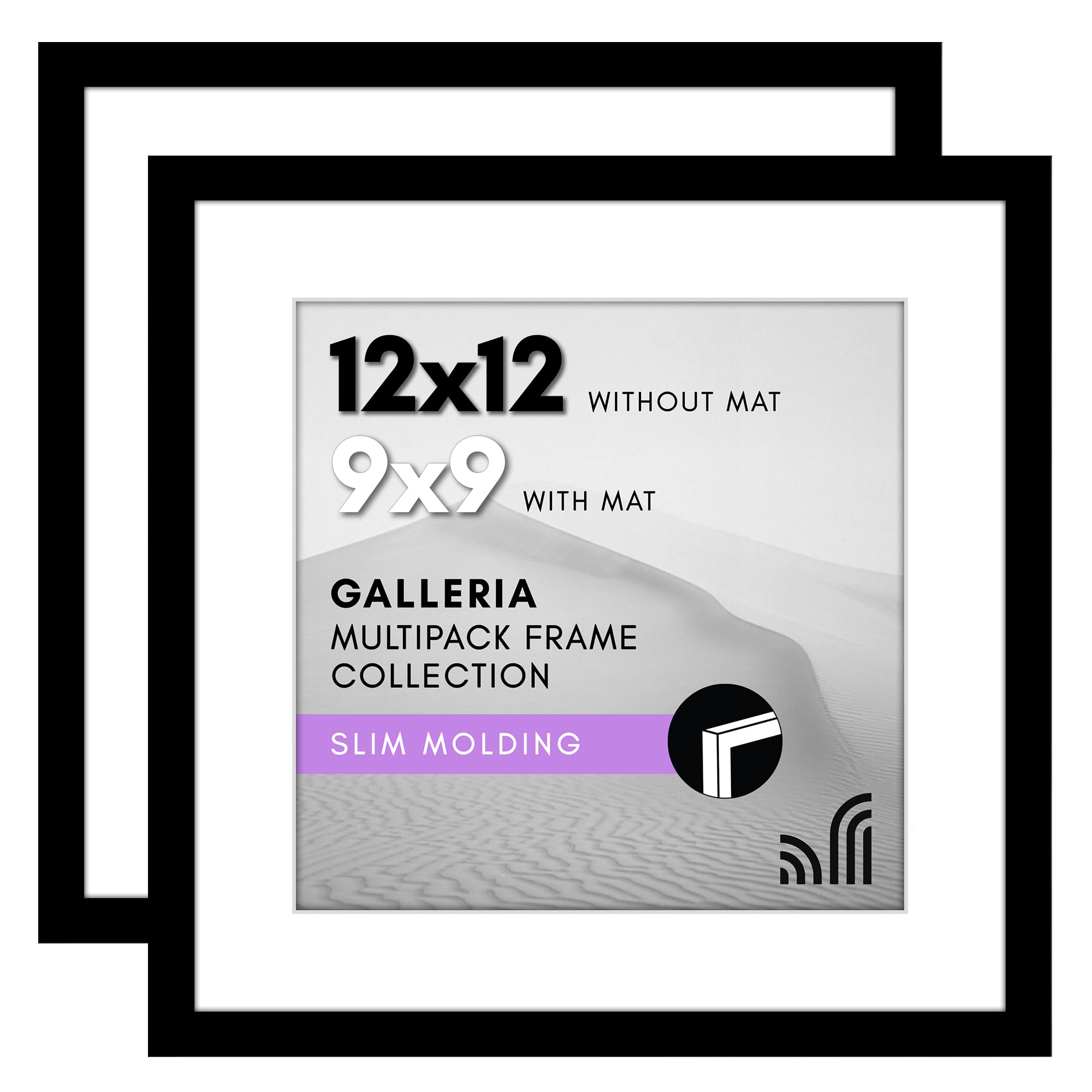 Americanflat 12x12 Picture Frame Set of 2 in Black - Use as 9x9 Picture Frame with Mat or 12x12 Frame Without Mat - Collage Picture Frames with Plexiglass Cover and Hanging Hardware for Wall