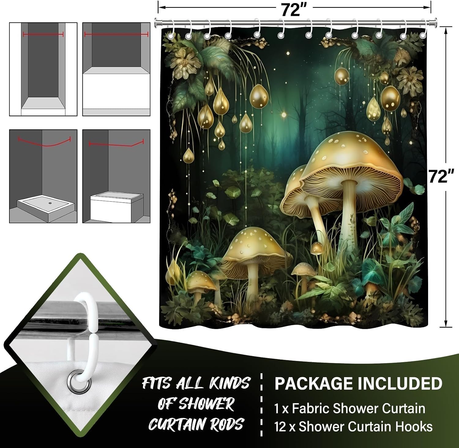 Fantasy Green Forest Golden Mushroom Shower Curtain 72x72 Inches image 3