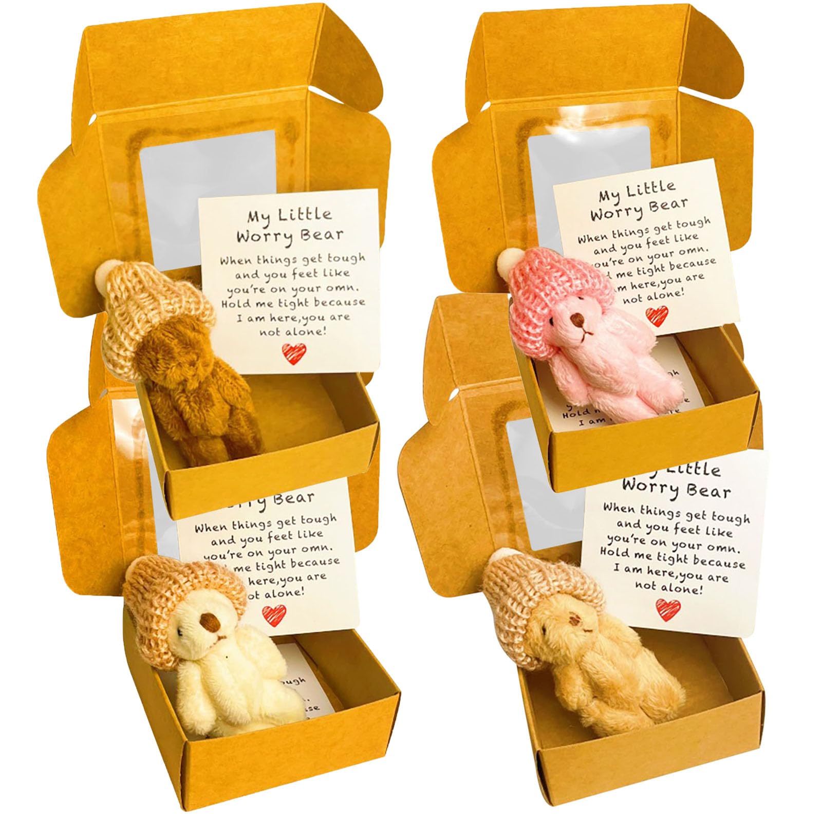 xinxinyu Handmade Mini Plush Teddy Bear in Box, ATeddyBear Hug in a Box, Little Pocket Mini Plush Bear with Inspirational Card Sympathy Gift, Motivational Gifts for Lovers and friends (4PCS)