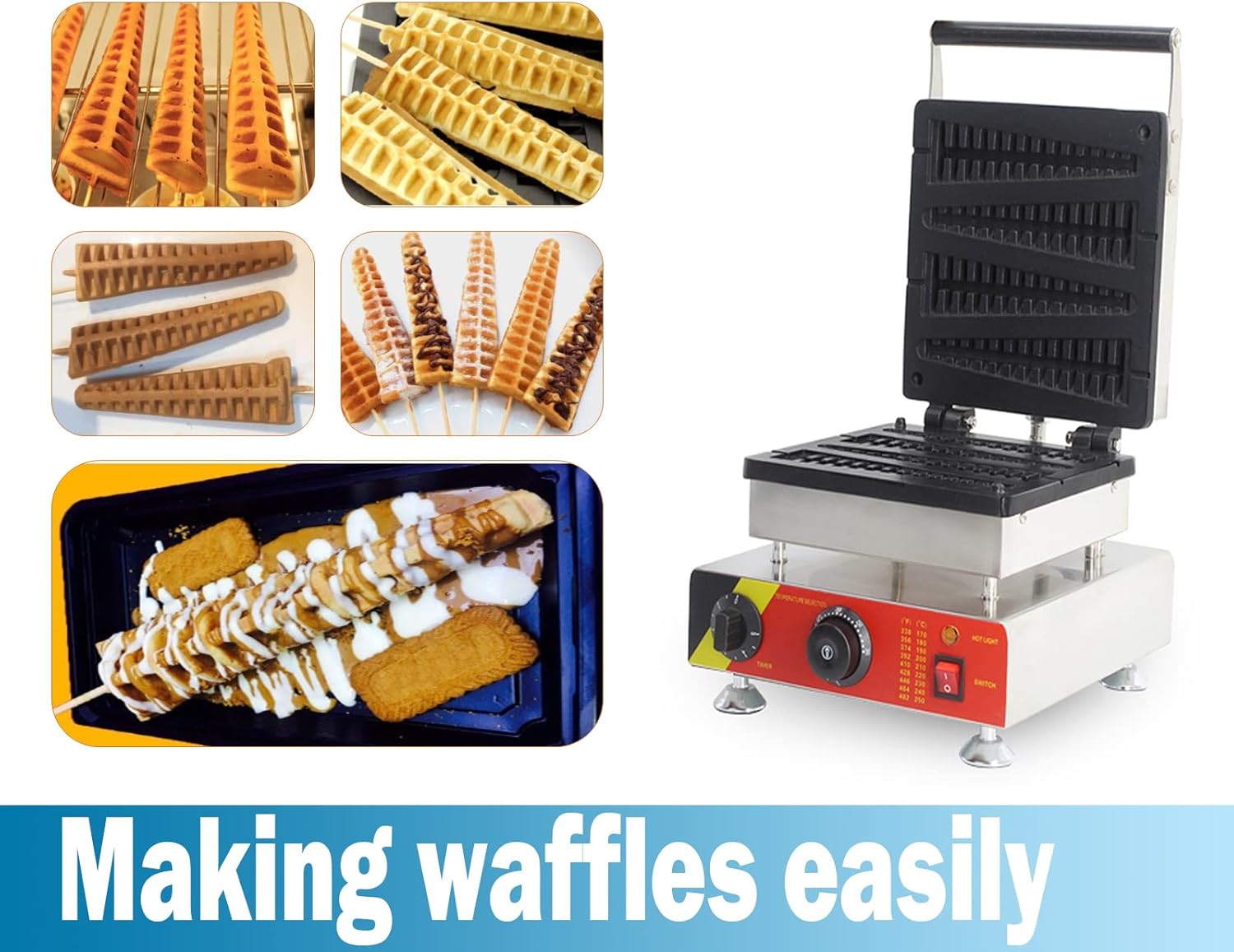 Belgian Waffle Stcick Maker Commercial 4 Tree Shaped Waffle Iron with Cool Touch Handle Non-Stick Coating for Bakeries Restaurant Snack Bars,1500W,110V