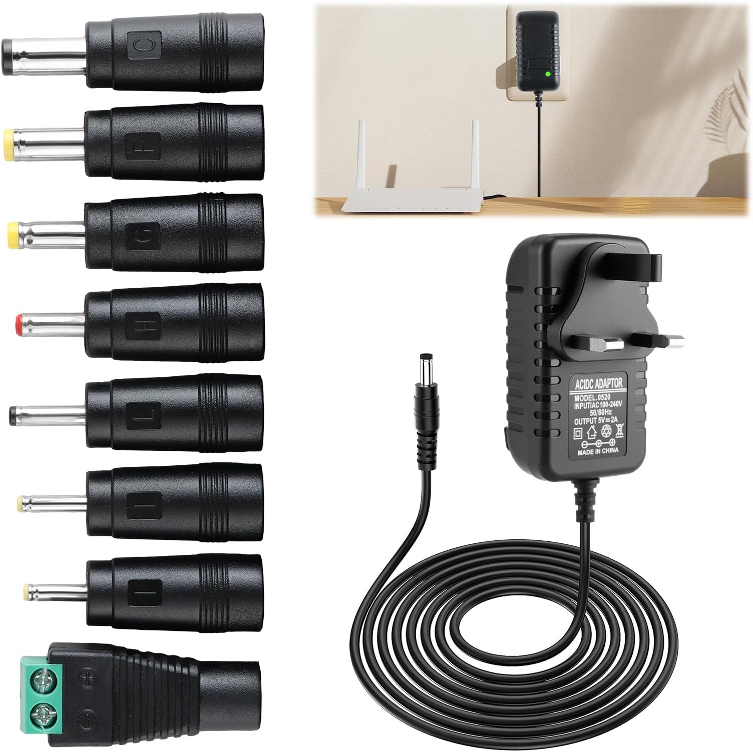 – DC 5V 2A Power Adapter, 5V 2A Power Supply with 8 DC Plugs, Universal AC/DC Adapter 100-240V 50 60Hz for LED Strips CCTV Camera Router Audio Video Home Office Electronics, 10W Max