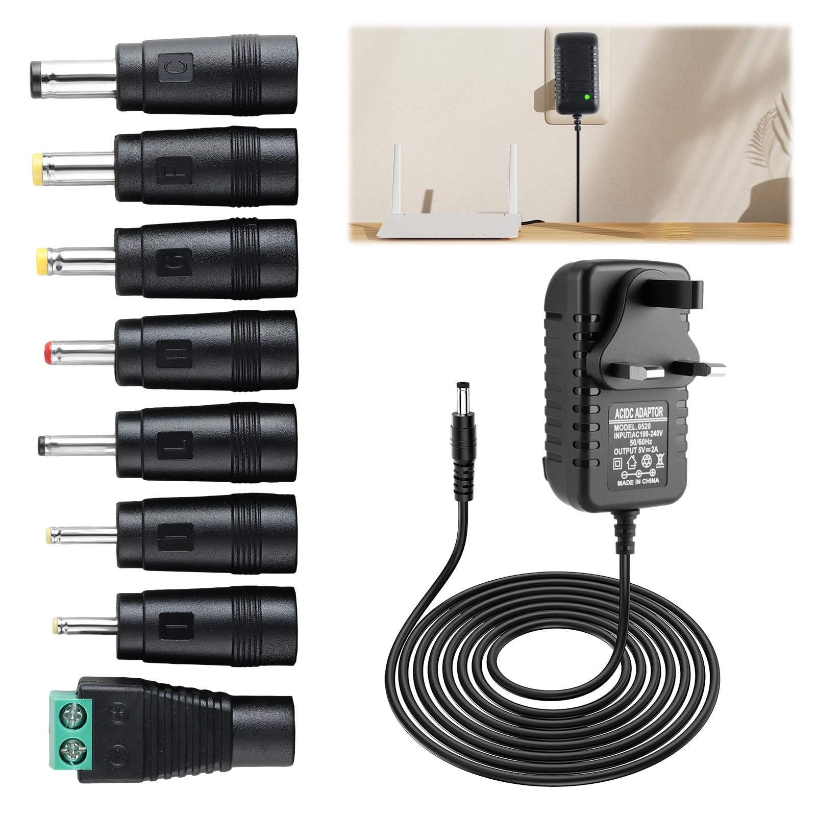 DC 5V 2A Power Adapter, 5V 2A Power Supply with 8 DC Plugs, Universal AC/DC Adapter 100-240V 50 60Hz for LED Strips CCTV Camera Router Audio Video Home Office Electronics, 10W Max