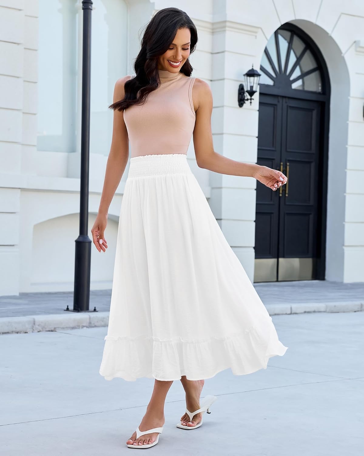 luvamia Maxi Skirts for Women Trendy Flowy Ruffle Smocked Waist A-line Boho Swing Long Skirt with Pockets Beach Vacation - Image 4