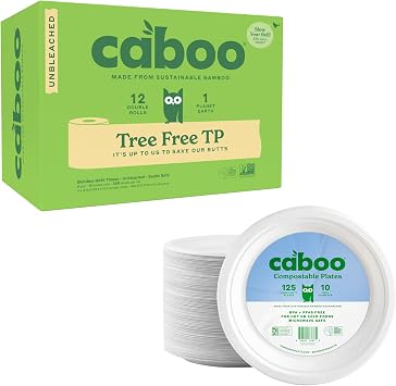 Caboo Unbleached Toilet Paper 12 Pack + Paper Plates Bundle - Natural Bamboo Based Paper Products - Sustainable Alternative to Plastics and Papers for Home, Travel, and Personal Care